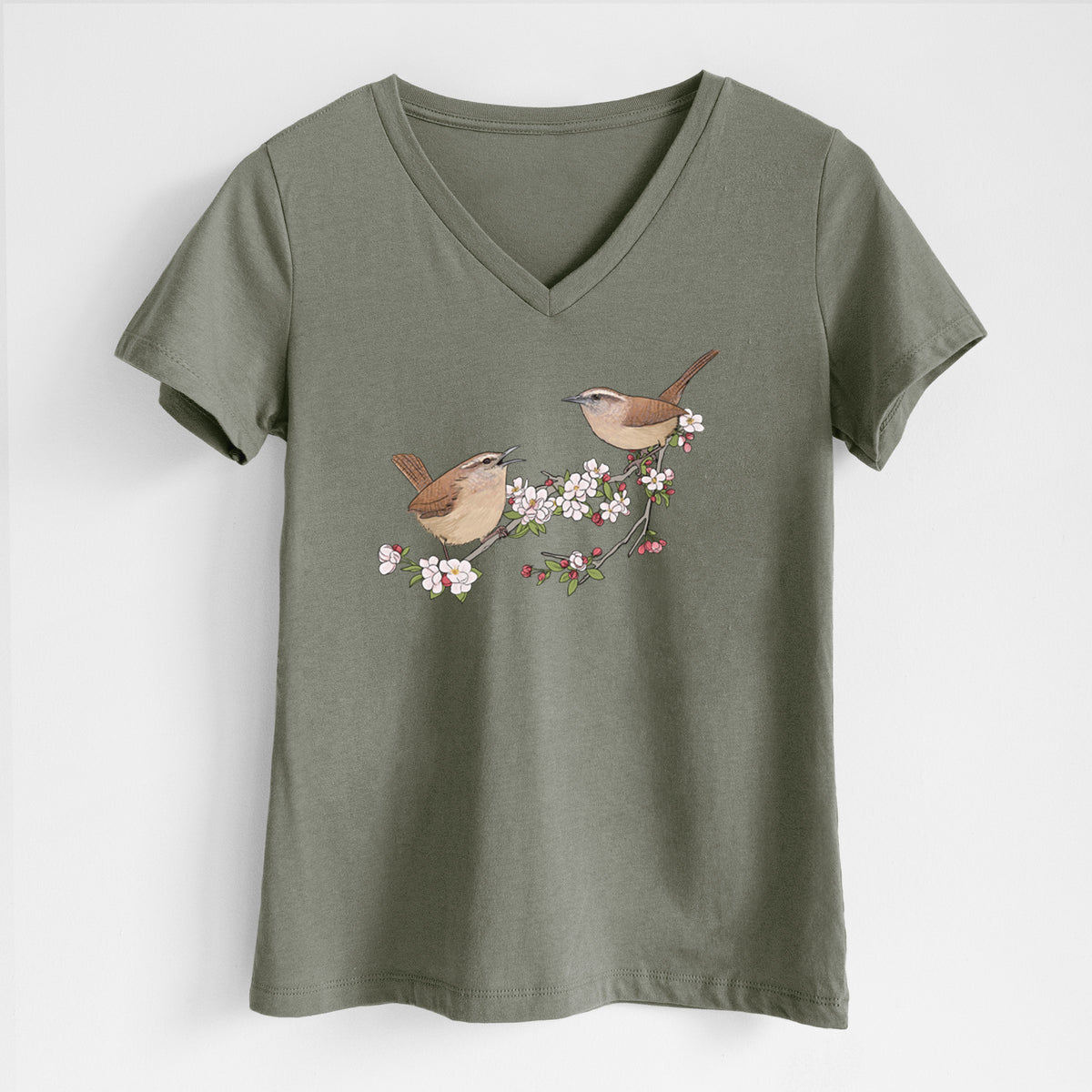 Spring Carolina Wrens on a Blooming Crabtree Branch - Women's Lightweight Relaxed Fit 100% Cotton V-neck