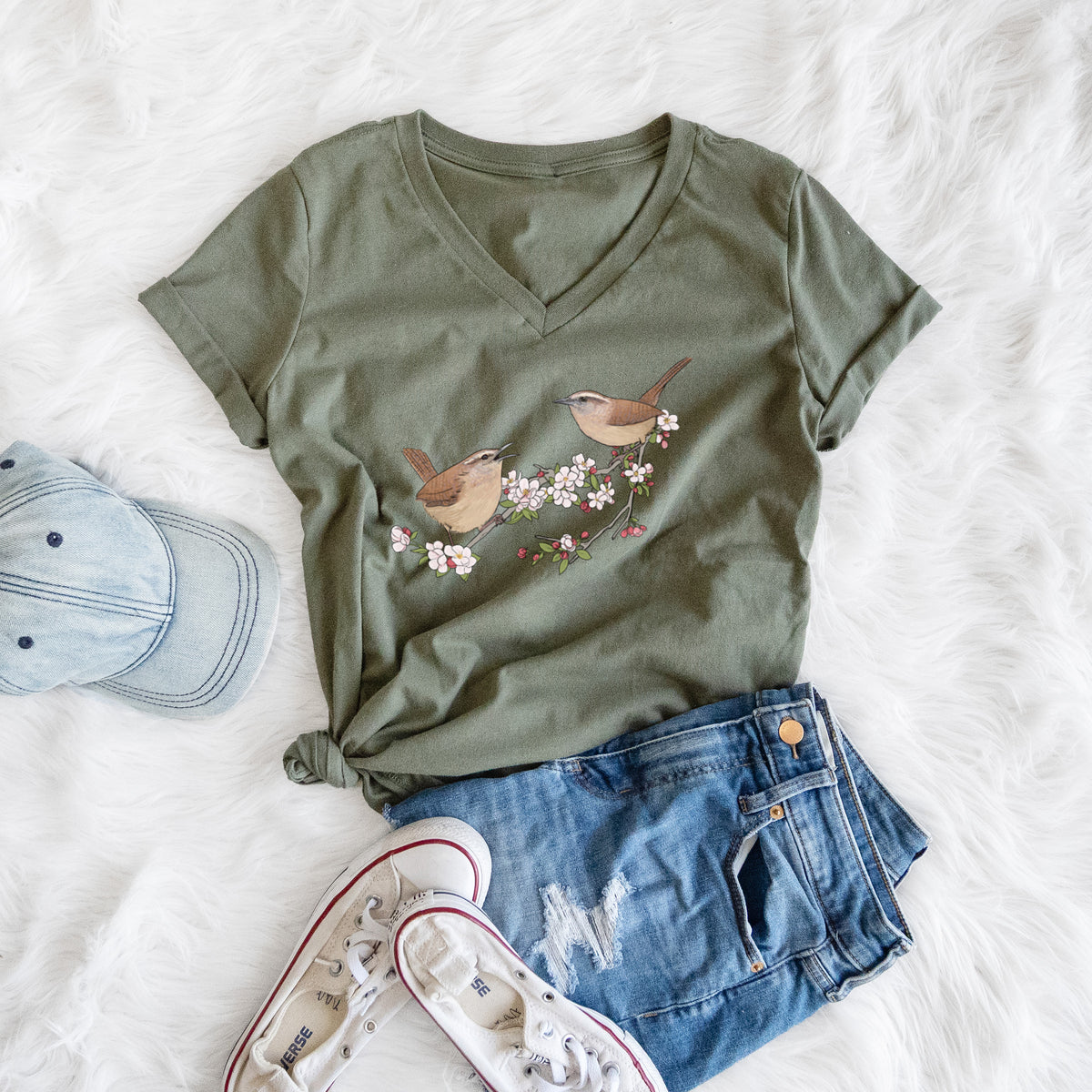Spring Carolina Wrens on a Blooming Crabtree Branch - Women's Lightweight Relaxed Fit 100% Cotton V-neck