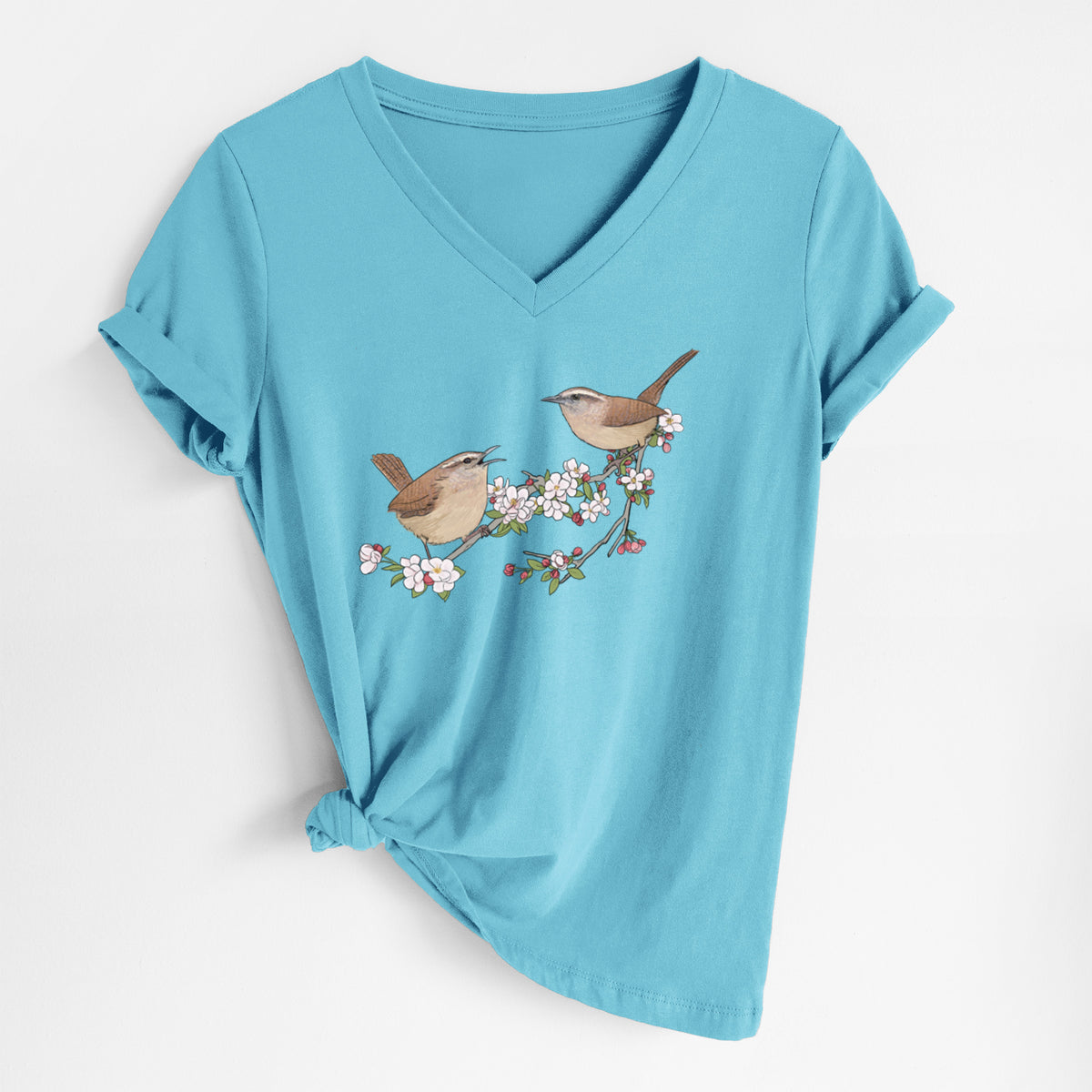Spring Carolina Wrens on a Blooming Crabtree Branch - Women's Lightweight Relaxed Fit 100% Cotton V-neck