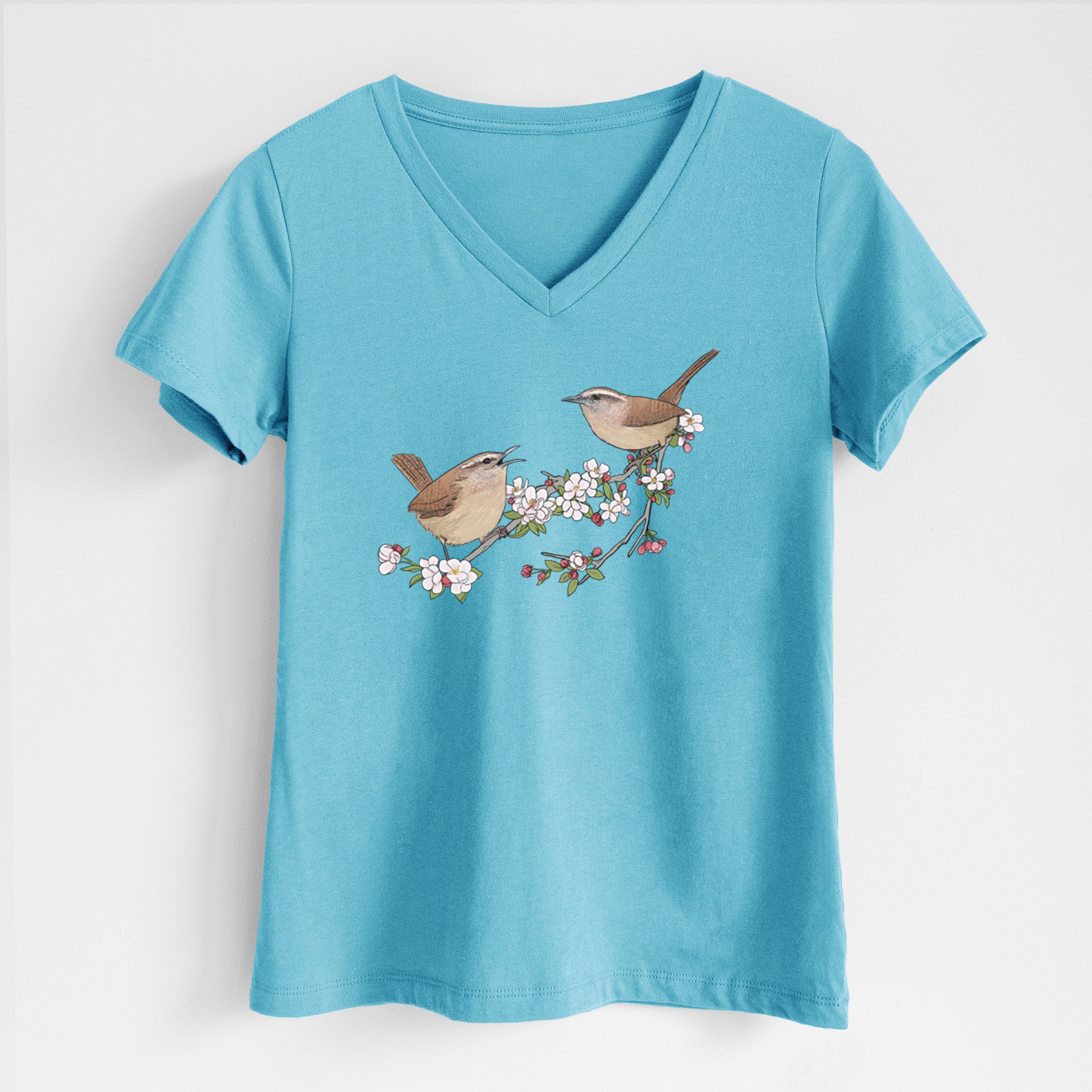 Spring Carolina Wrens on a Blooming Crabtree Branch - Women's Lightweight Relaxed Fit 100% Cotton V-neck