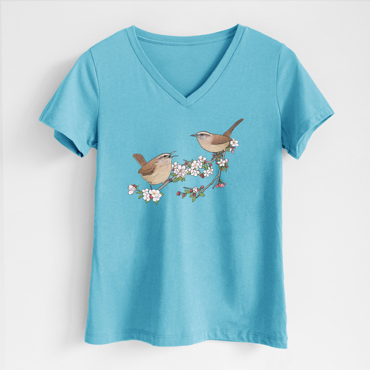 Spring Carolina Wrens on a Blooming Crabtree Branch - Women's Lightweight Relaxed Fit 100% Cotton V-neck