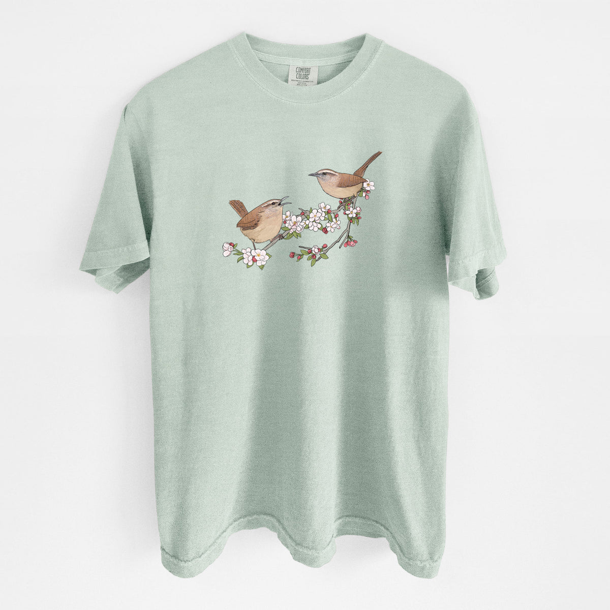 Spring Carolina Wrens on a Blooming Crabtree Branch - Unisex Comfort Colors Garment-Dyed Heavyweight T-shirt