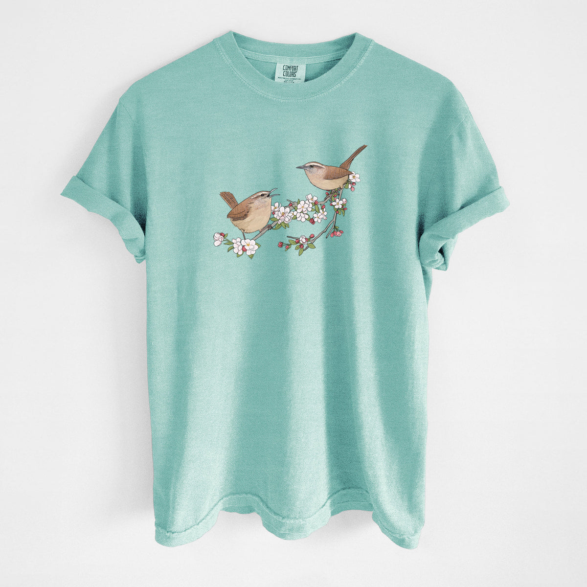 Spring Carolina Wrens on a Blooming Crabtree Branch - Unisex Comfort Colors Garment-Dyed Heavyweight T-shirt