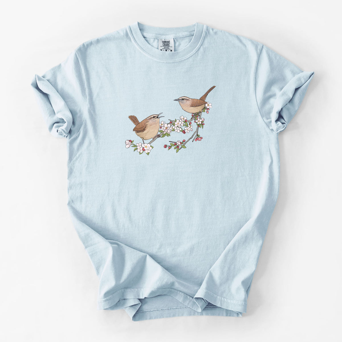 Spring Carolina Wrens on a Blooming Crabtree Branch - Unisex Comfort Colors Garment-Dyed Heavyweight T-shirt