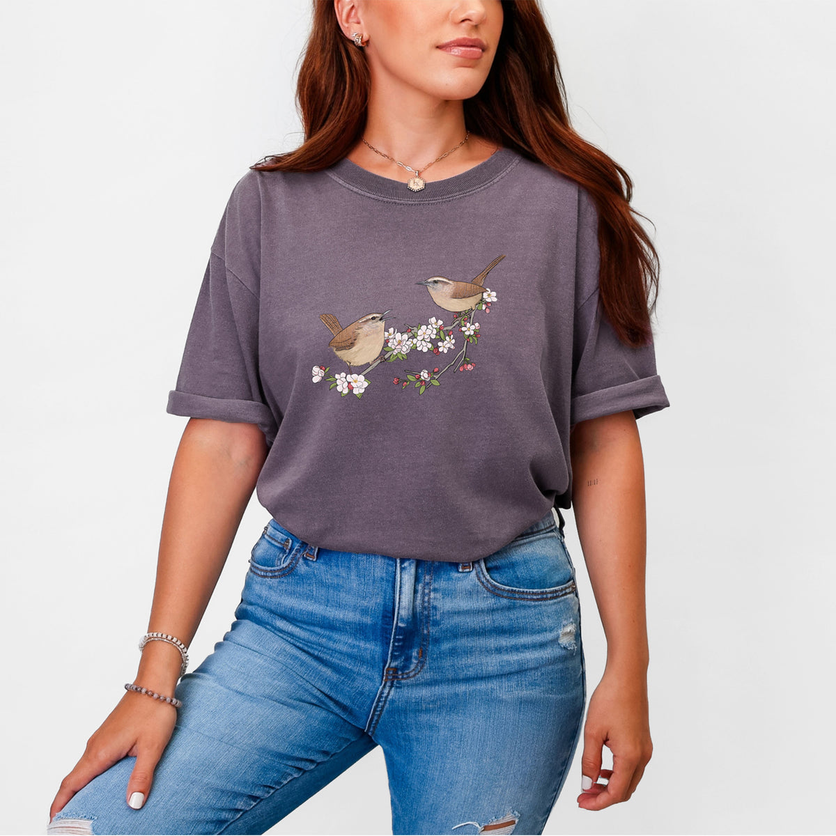 Spring Carolina Wrens on a Blooming Crabtree Branch - Unisex Comfort Colors Garment-Dyed Heavyweight T-shirt