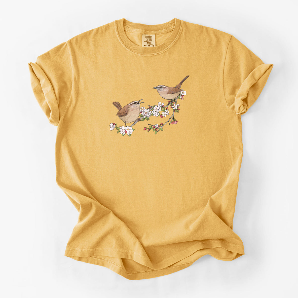 Spring Carolina Wrens on a Blooming Crabtree Branch - Unisex Comfort Colors Garment-Dyed Heavyweight T-shirt