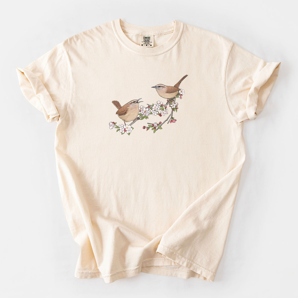 Spring Carolina Wrens on a Blooming Crabtree Branch - Unisex Comfort Colors Garment-Dyed Heavyweight T-shirt