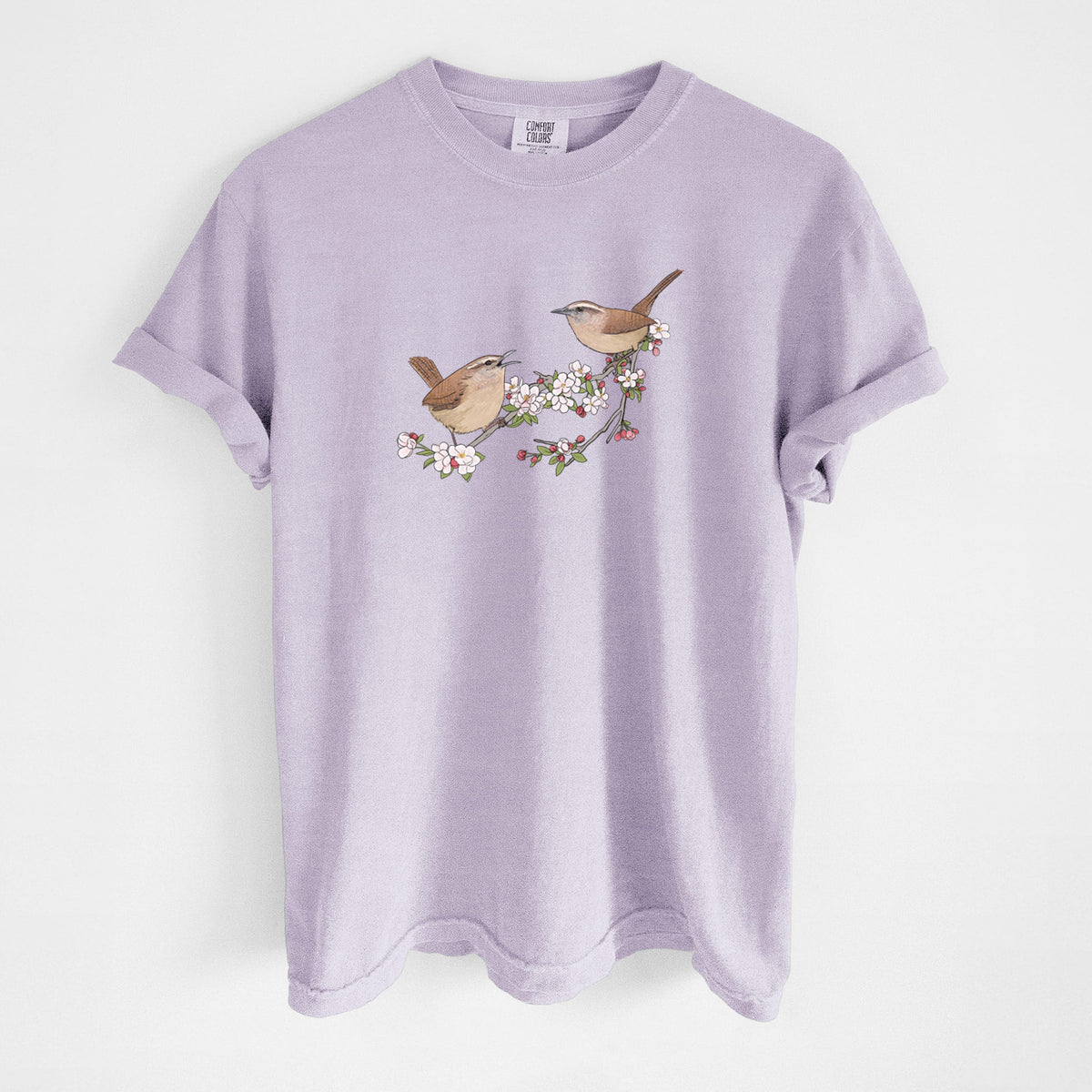 Spring Carolina Wrens on a Blooming Crabtree Branch - Unisex Comfort Colors Garment-Dyed Heavyweight T-shirt