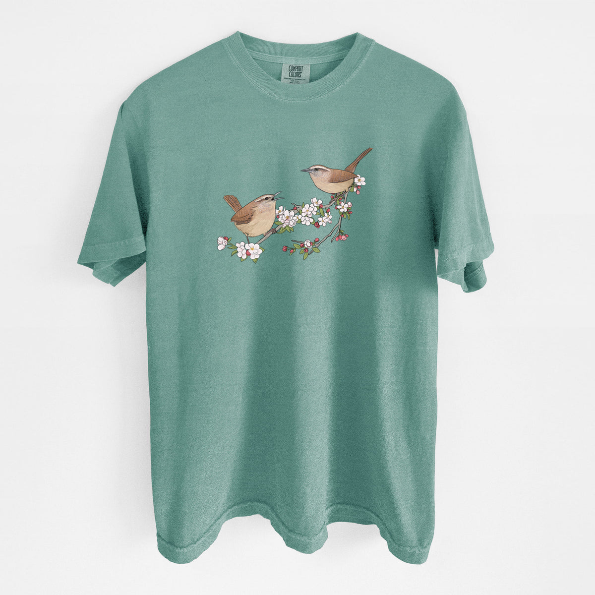 Spring Carolina Wrens on a Blooming Crabtree Branch - Unisex Comfort Colors Garment-Dyed Heavyweight T-shirt