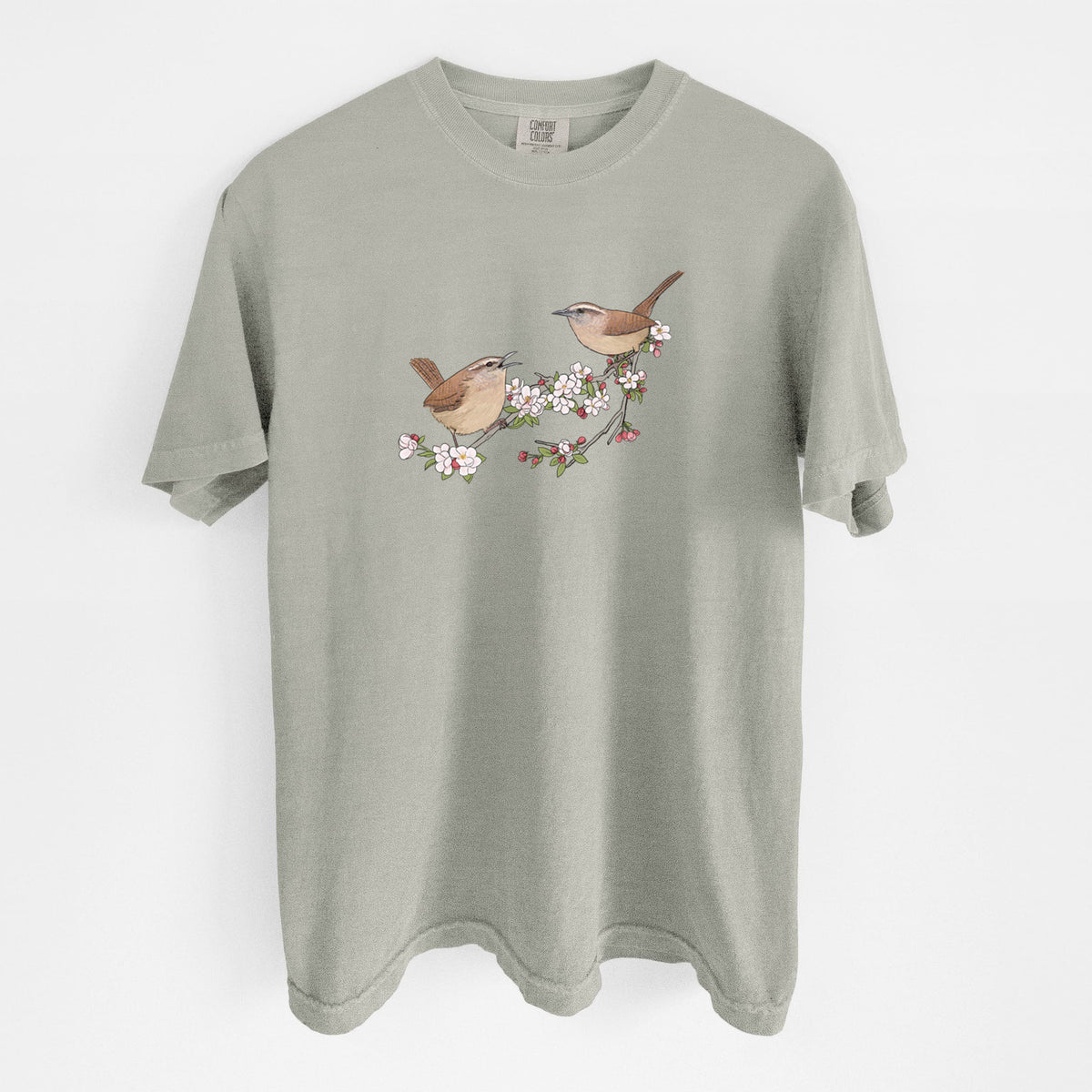 Spring Carolina Wrens on a Blooming Crabtree Branch - Unisex Comfort Colors Garment-Dyed Heavyweight T-shirt
