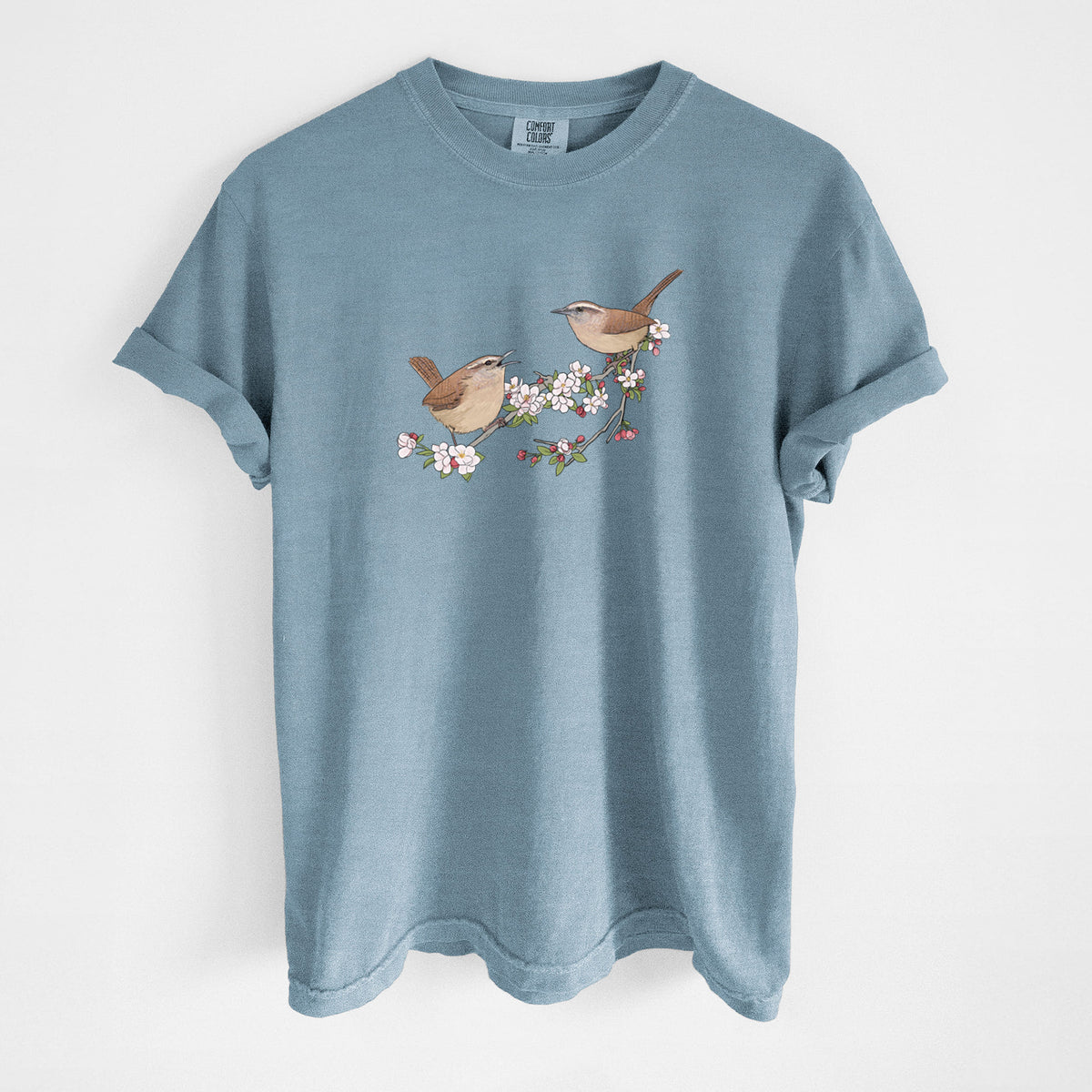 Spring Carolina Wrens on a Blooming Crabtree Branch - Unisex Comfort Colors Garment-Dyed Heavyweight T-shirt