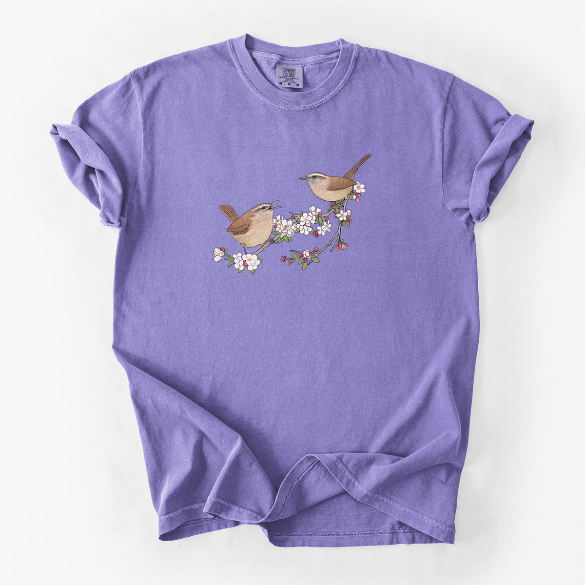 Spring Carolina Wrens on a Blooming Crabtree Branch - Unisex Comfort Colors Garment-Dyed Heavyweight T-shirt