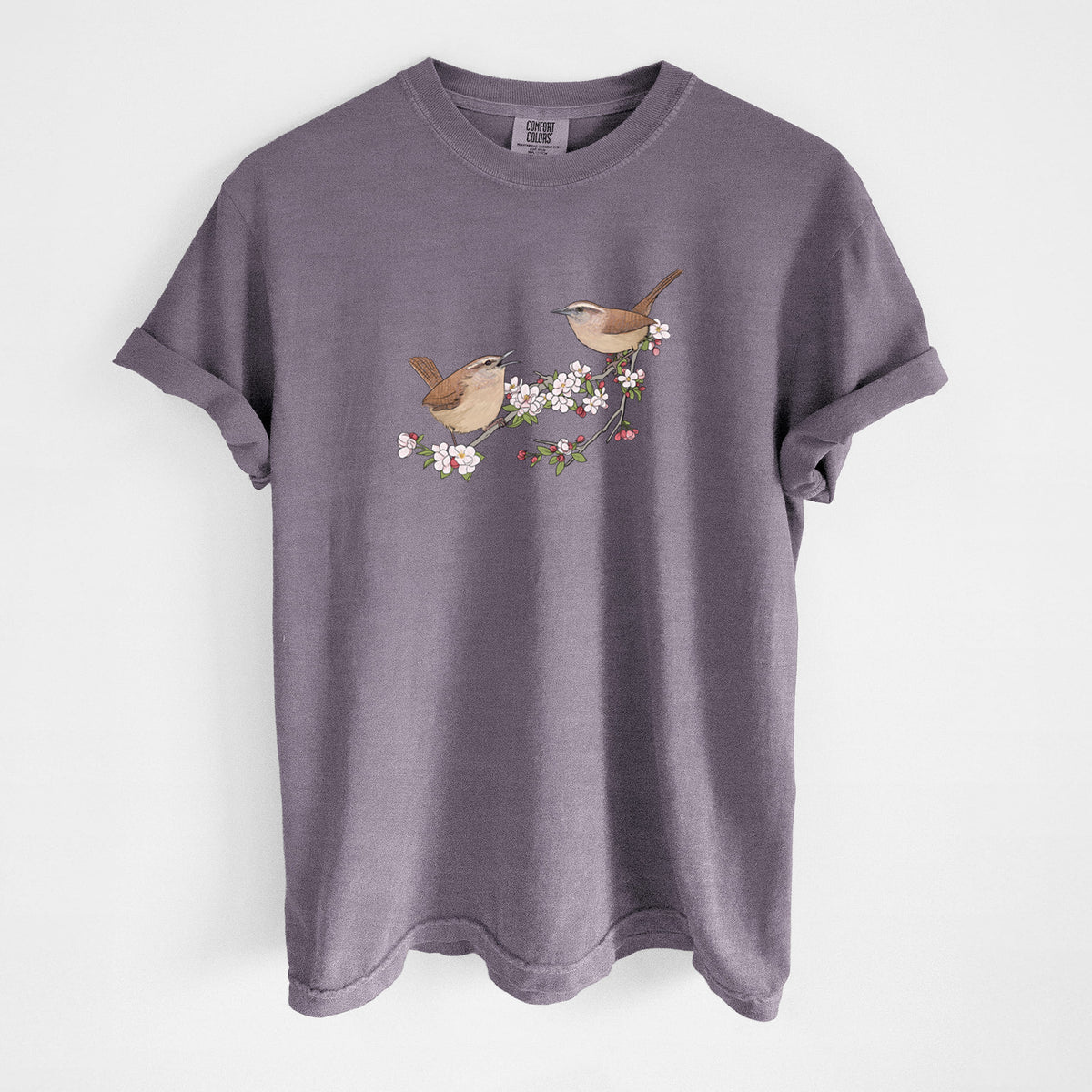 Spring Carolina Wrens on a Blooming Crabtree Branch - Unisex Comfort Colors Garment-Dyed Heavyweight T-shirt