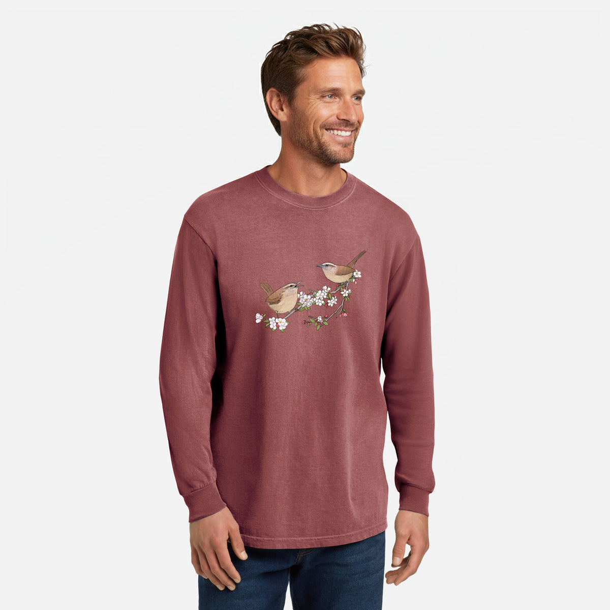 Spring Carolina Wrens on a Blooming Crabtree Branch - Unisex Comfort Colors 100% Cotton Long Sleeve