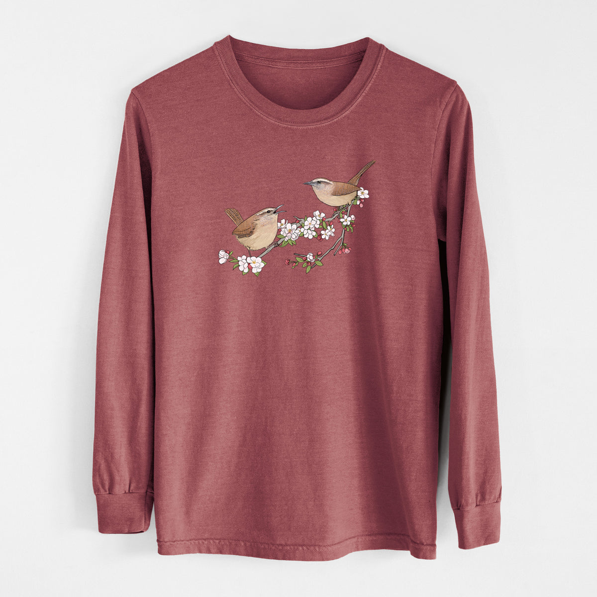 Spring Carolina Wrens on a Blooming Crabtree Branch - Unisex Comfort Colors 100% Cotton Long Sleeve