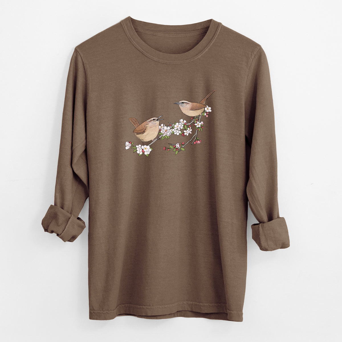 Spring Carolina Wrens on a Blooming Crabtree Branch - Unisex Comfort Colors 100% Cotton Long Sleeve