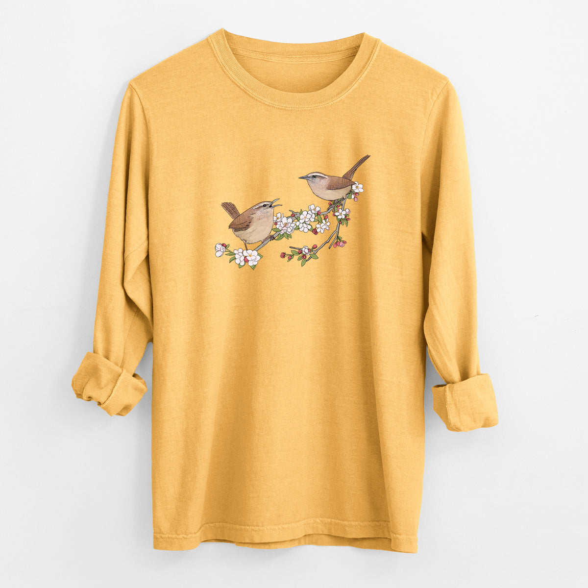Spring Carolina Wrens on a Blooming Crabtree Branch - Unisex Comfort Colors 100% Cotton Long Sleeve