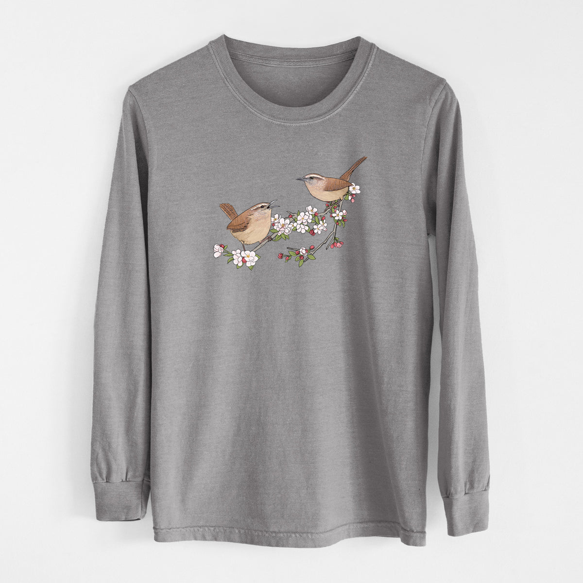Spring Carolina Wrens on a Blooming Crabtree Branch - Unisex Comfort Colors 100% Cotton Long Sleeve