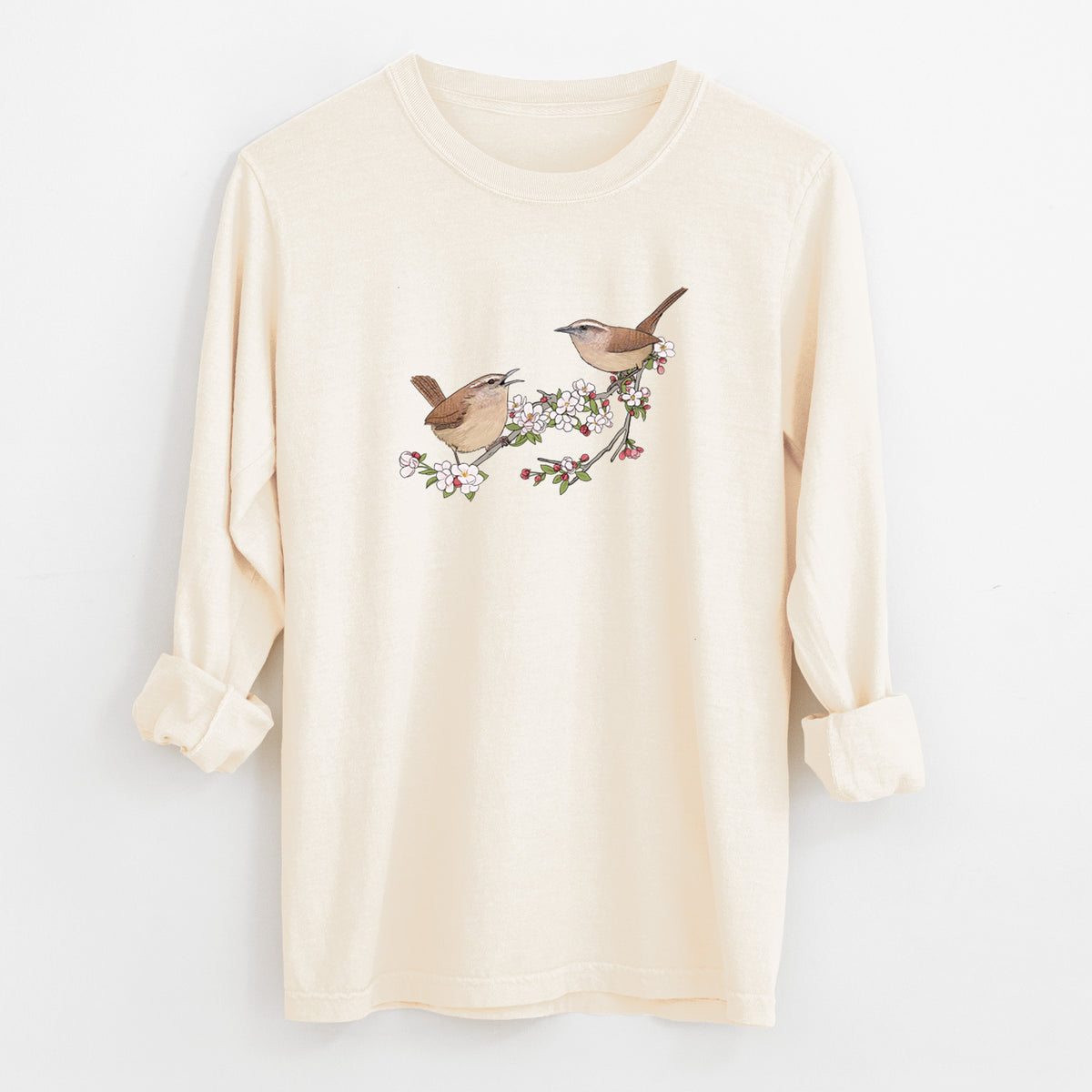 Spring Carolina Wrens on a Blooming Crabtree Branch - Unisex Comfort Colors 100% Cotton Long Sleeve