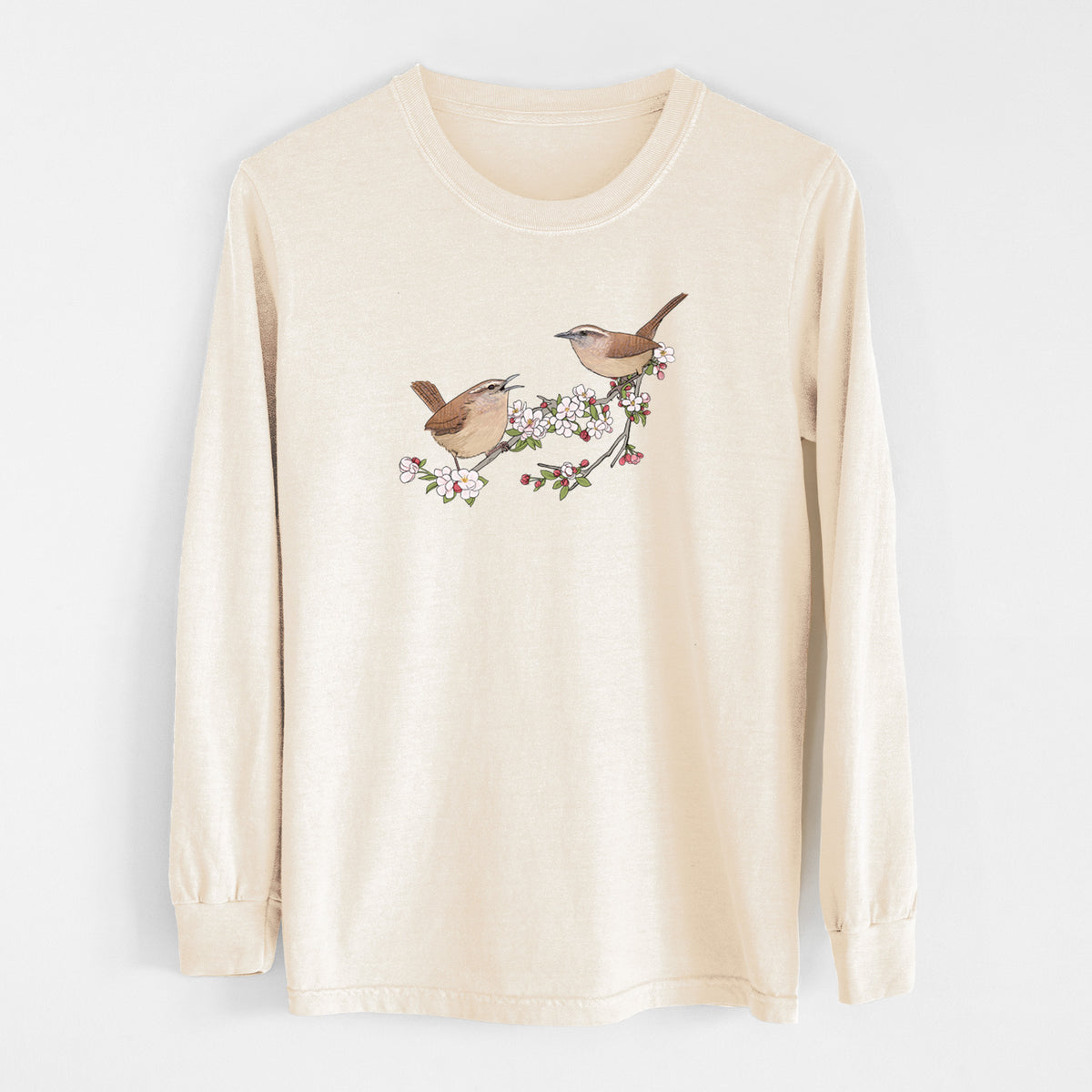 Spring Carolina Wrens on a Blooming Crabtree Branch - Unisex Comfort Colors 100% Cotton Long Sleeve