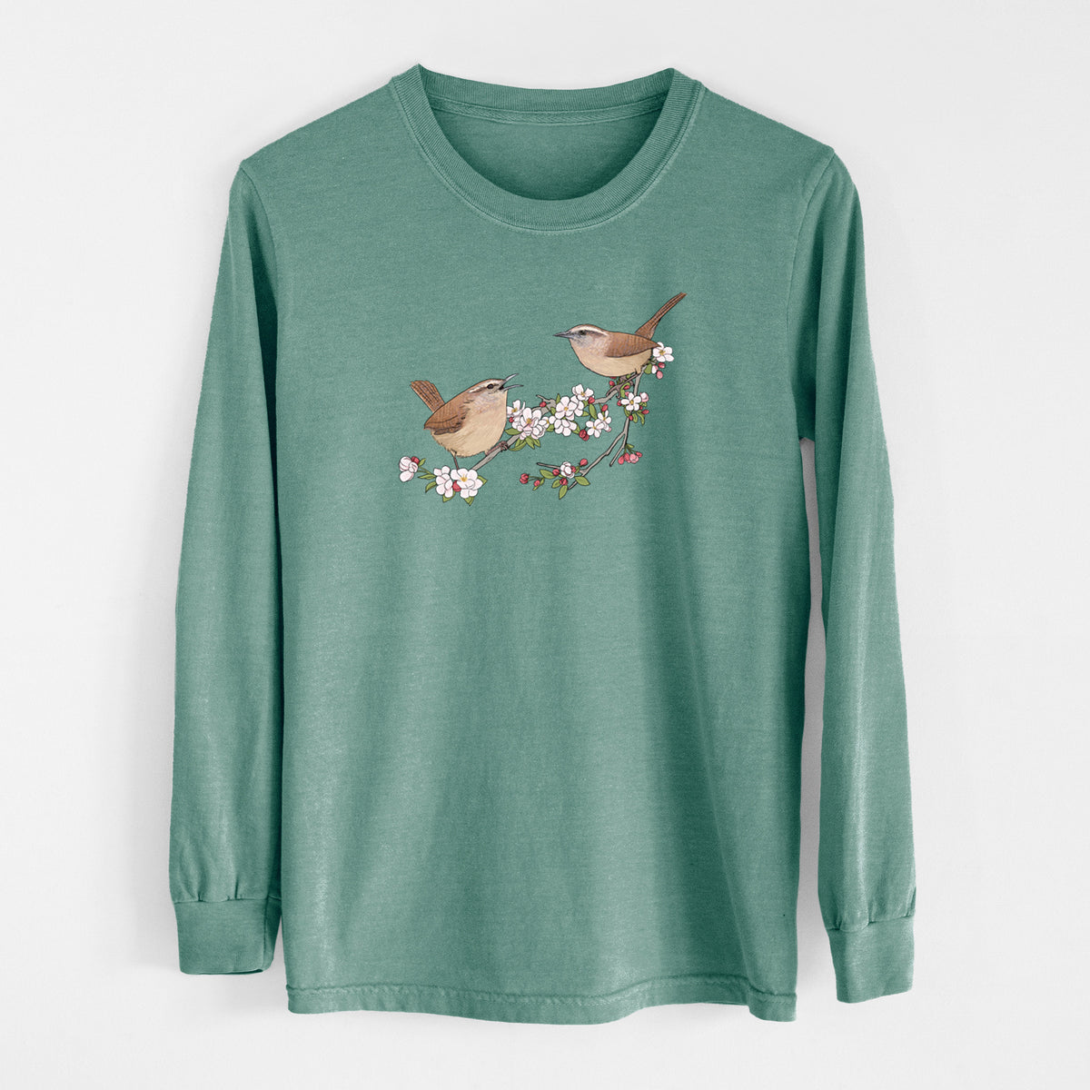 Spring Carolina Wrens on a Blooming Crabtree Branch - Unisex Comfort Colors 100% Cotton Long Sleeve