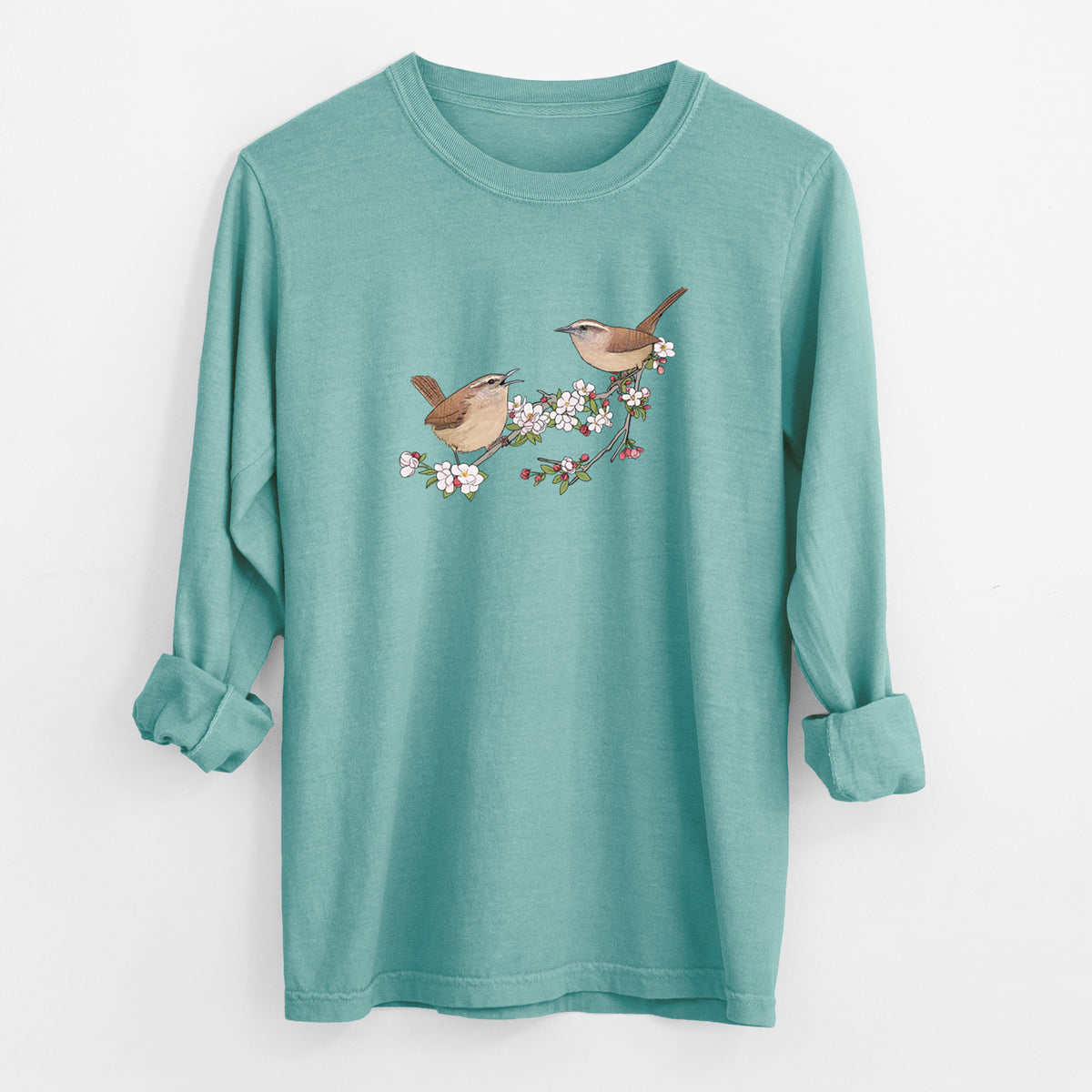 Spring Carolina Wrens on a Blooming Crabtree Branch - Unisex Comfort Colors 100% Cotton Long Sleeve