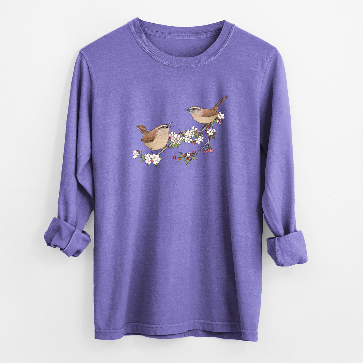 Spring Carolina Wrens on a Blooming Crabtree Branch - Unisex Comfort Colors 100% Cotton Long Sleeve