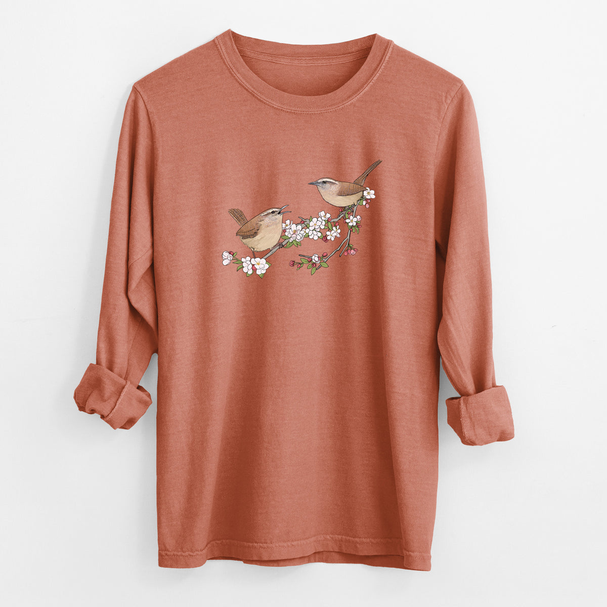 Spring Carolina Wrens on a Blooming Crabtree Branch - Unisex Comfort Colors 100% Cotton Long Sleeve