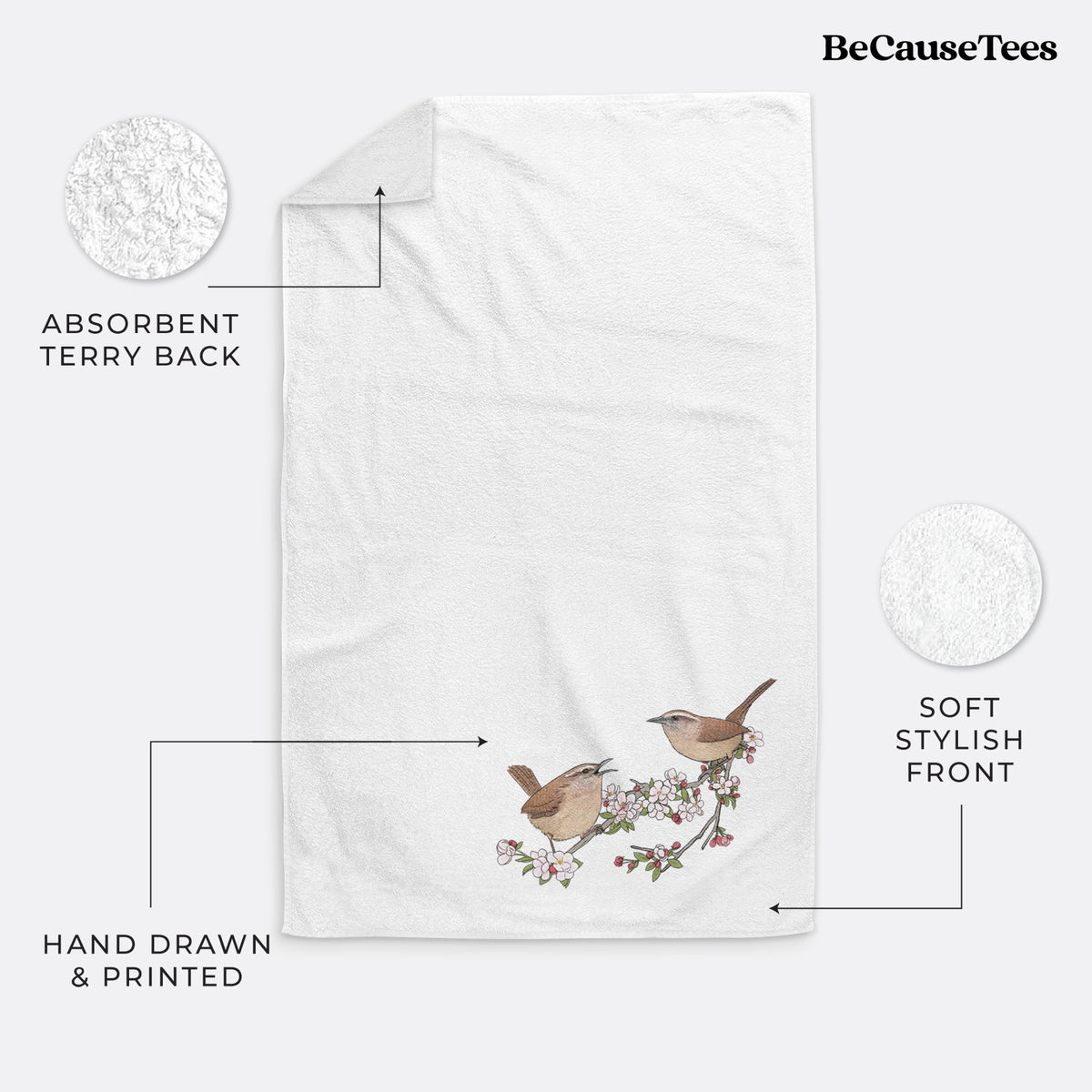 Spring Carolina Wrens on a Blooming Crabtree Branch - Premium Hand Towel