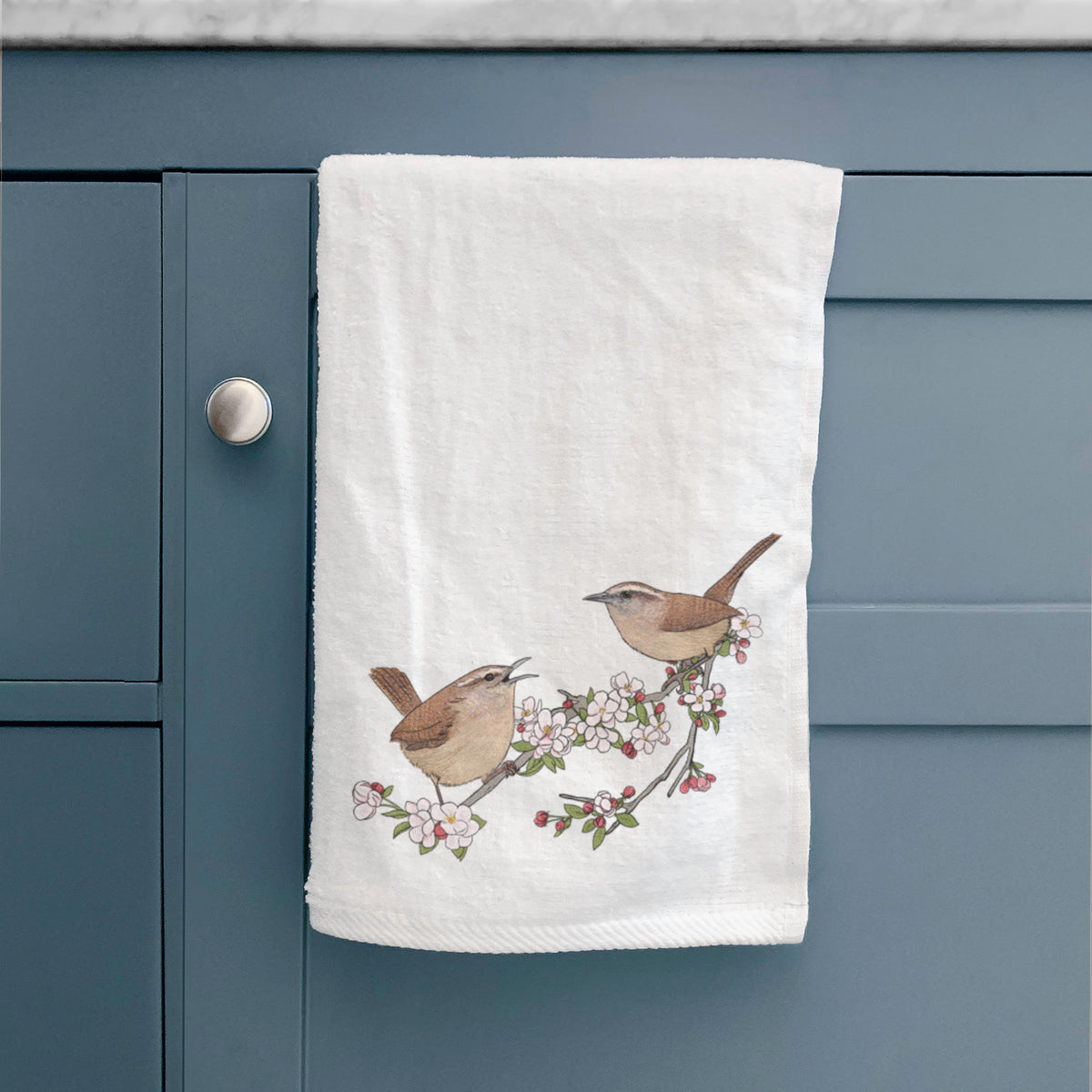 Spring Carolina Wrens on a Blooming Crabtree Branch - Premium Hand Towel