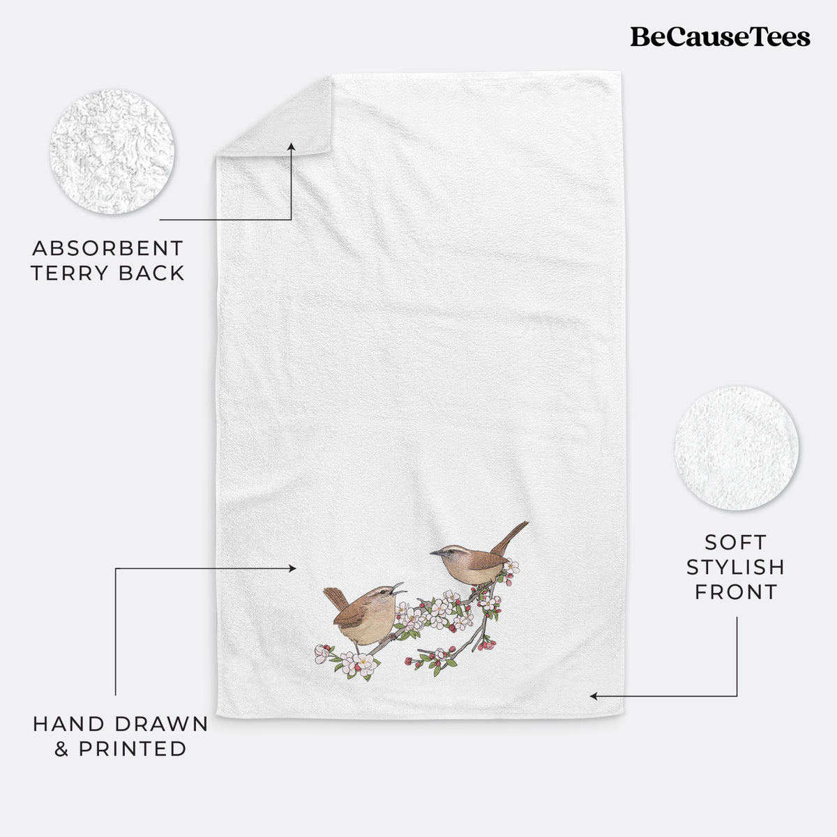 Spring Carolina Wrens on a Blooming Crabtree Branch - Premium Hand Towel