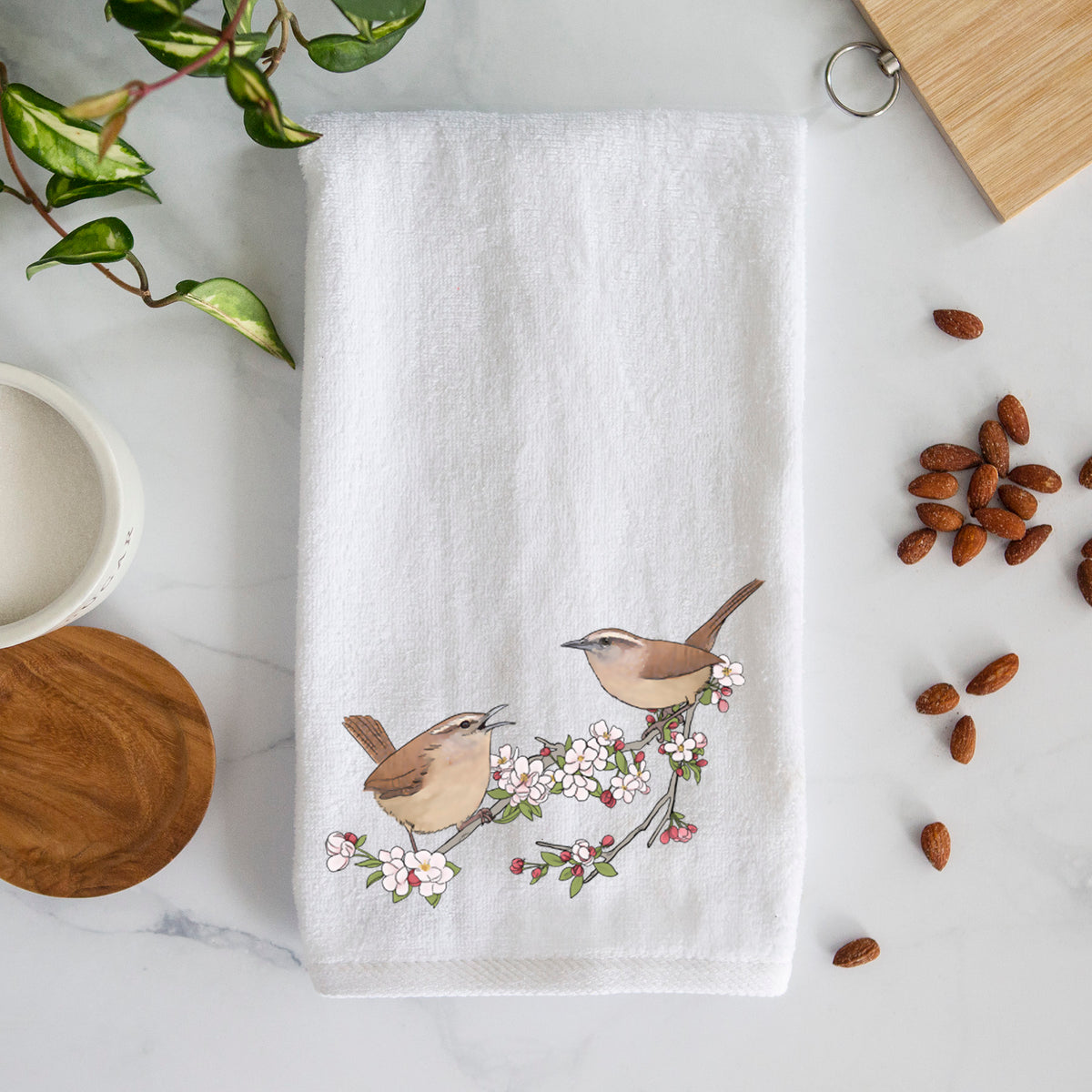 Spring Carolina Wrens on a Blooming Crabtree Branch - Premium Hand Towel