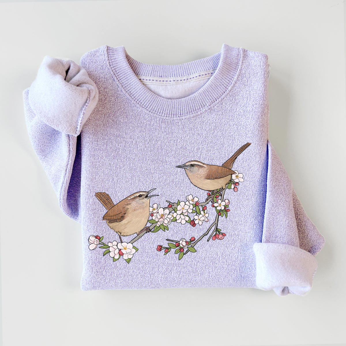 Spring Carolina Wrens on a Blooming Crabtree Branch - Knit Sweatshirt