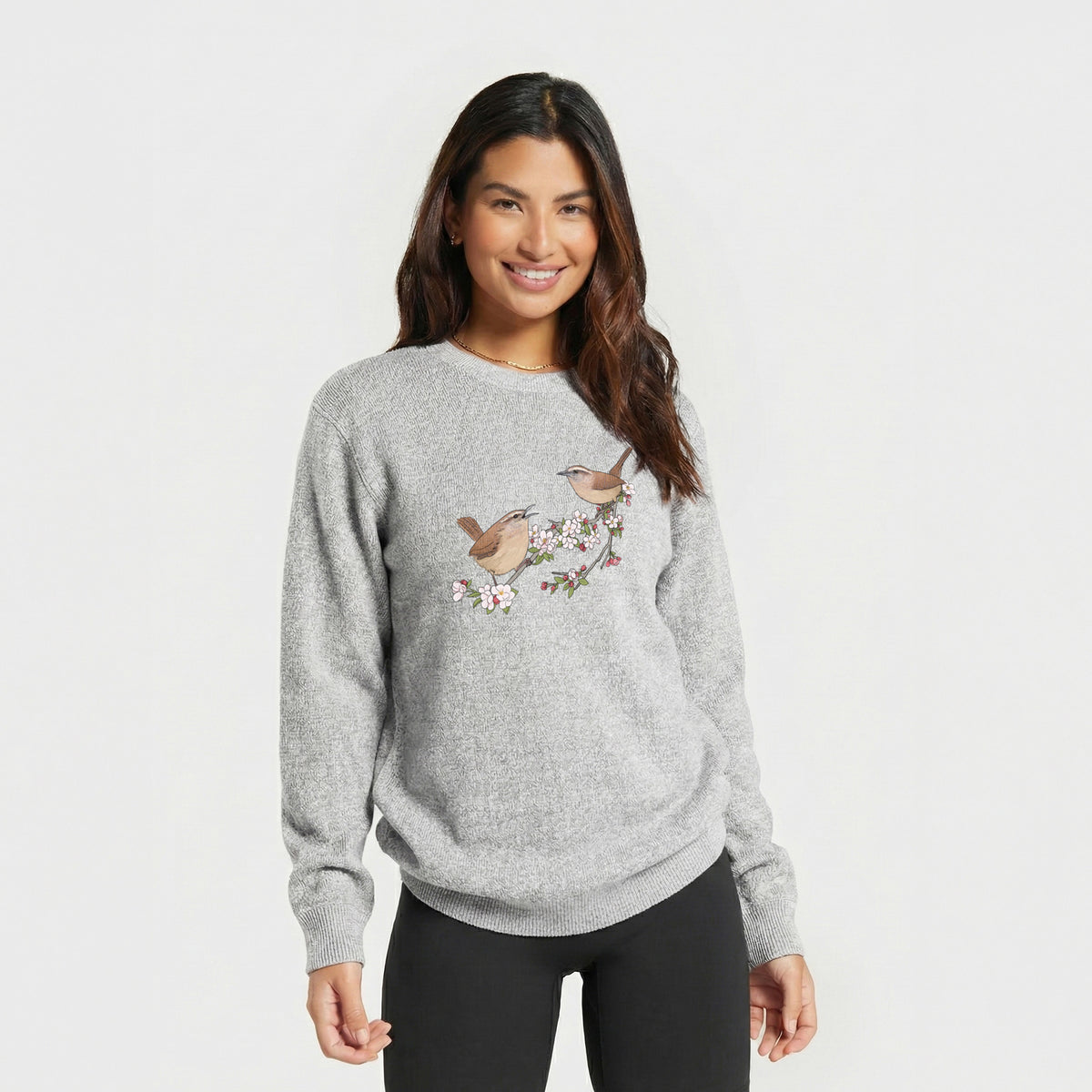 Spring Carolina Wrens on a Blooming Crabtree Branch - Knit Sweatshirt