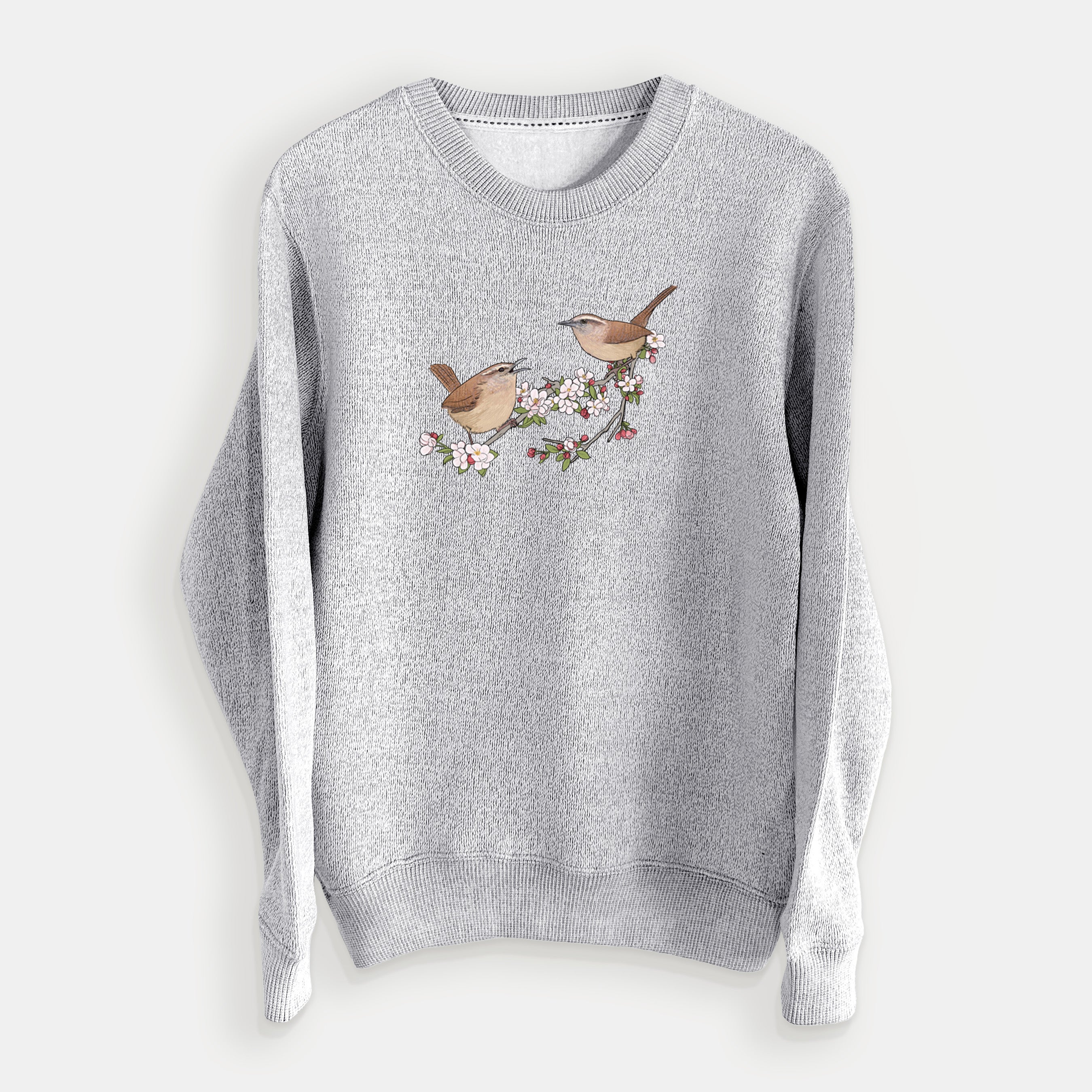 Spring Carolina Wrens on a Blooming Crabtree Branch - Knit Sweatshirt
