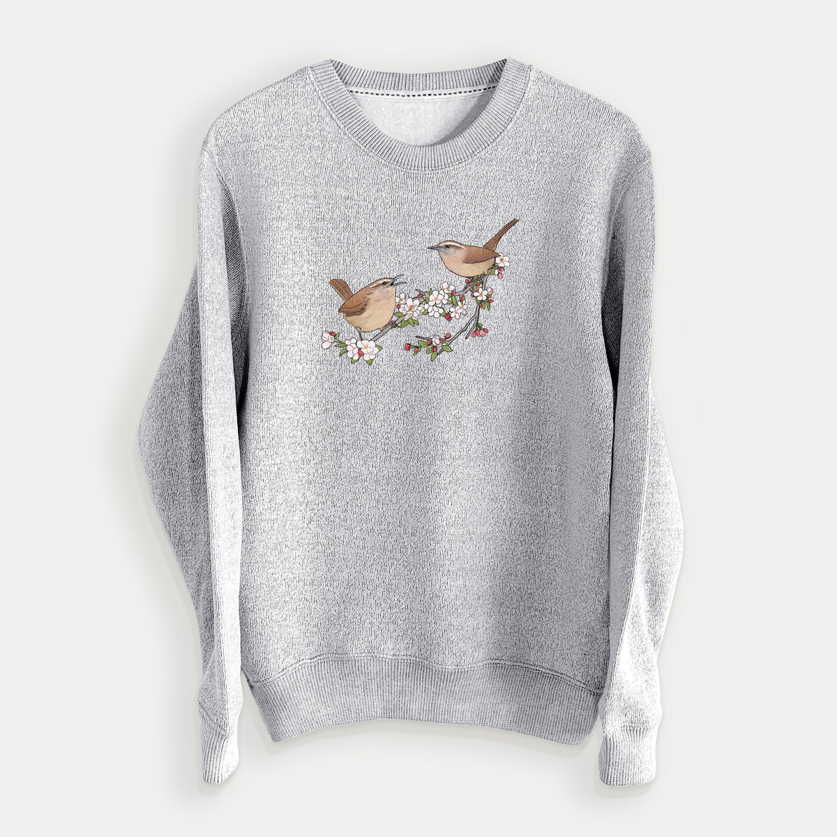 Spring Carolina Wrens on a Blooming Crabtree Branch - Knit Sweatshirt