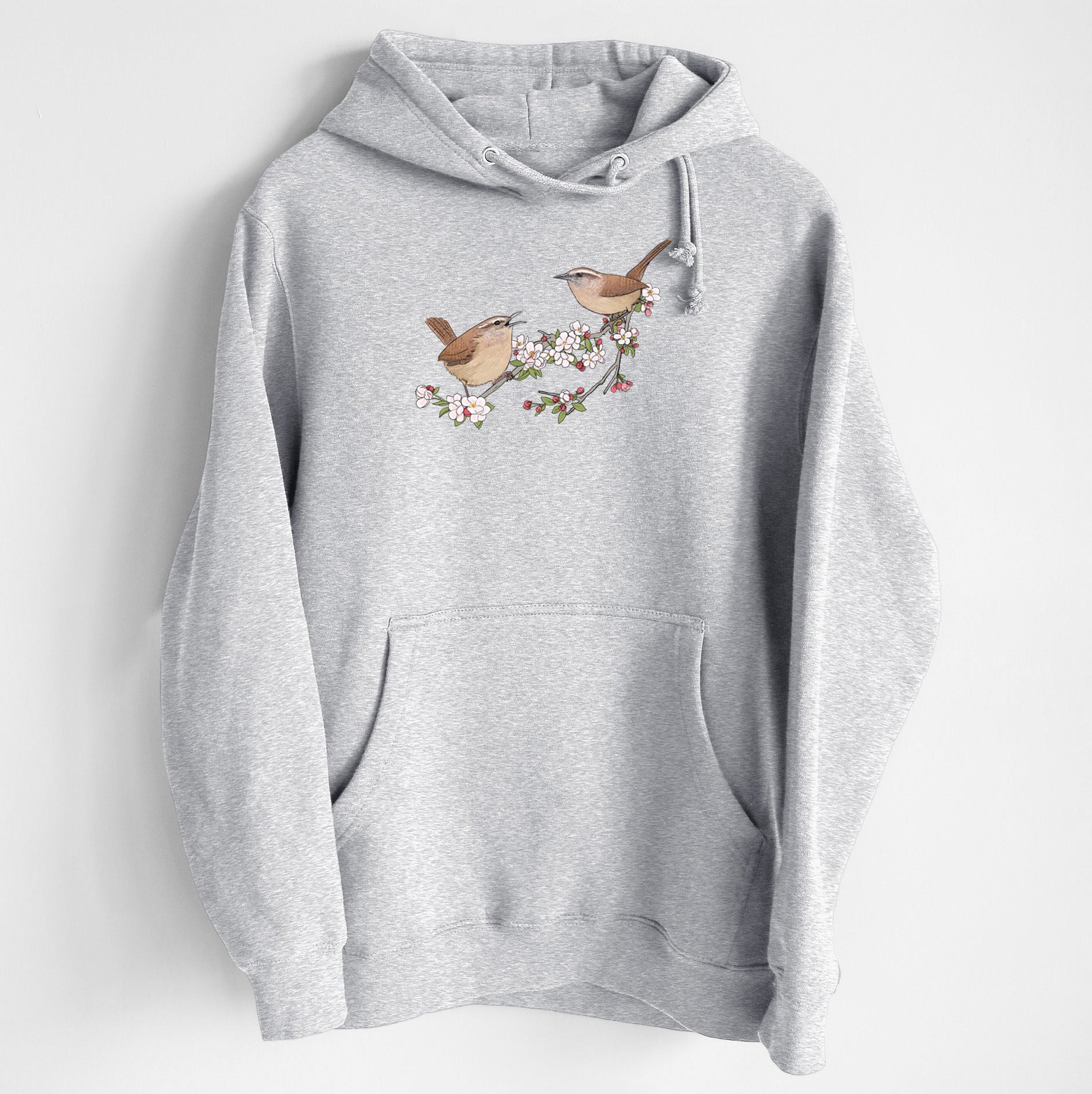 Spring Carolina Wrens on a Blooming Crabtree Branch - Heavyweight Fleece Hoodie
