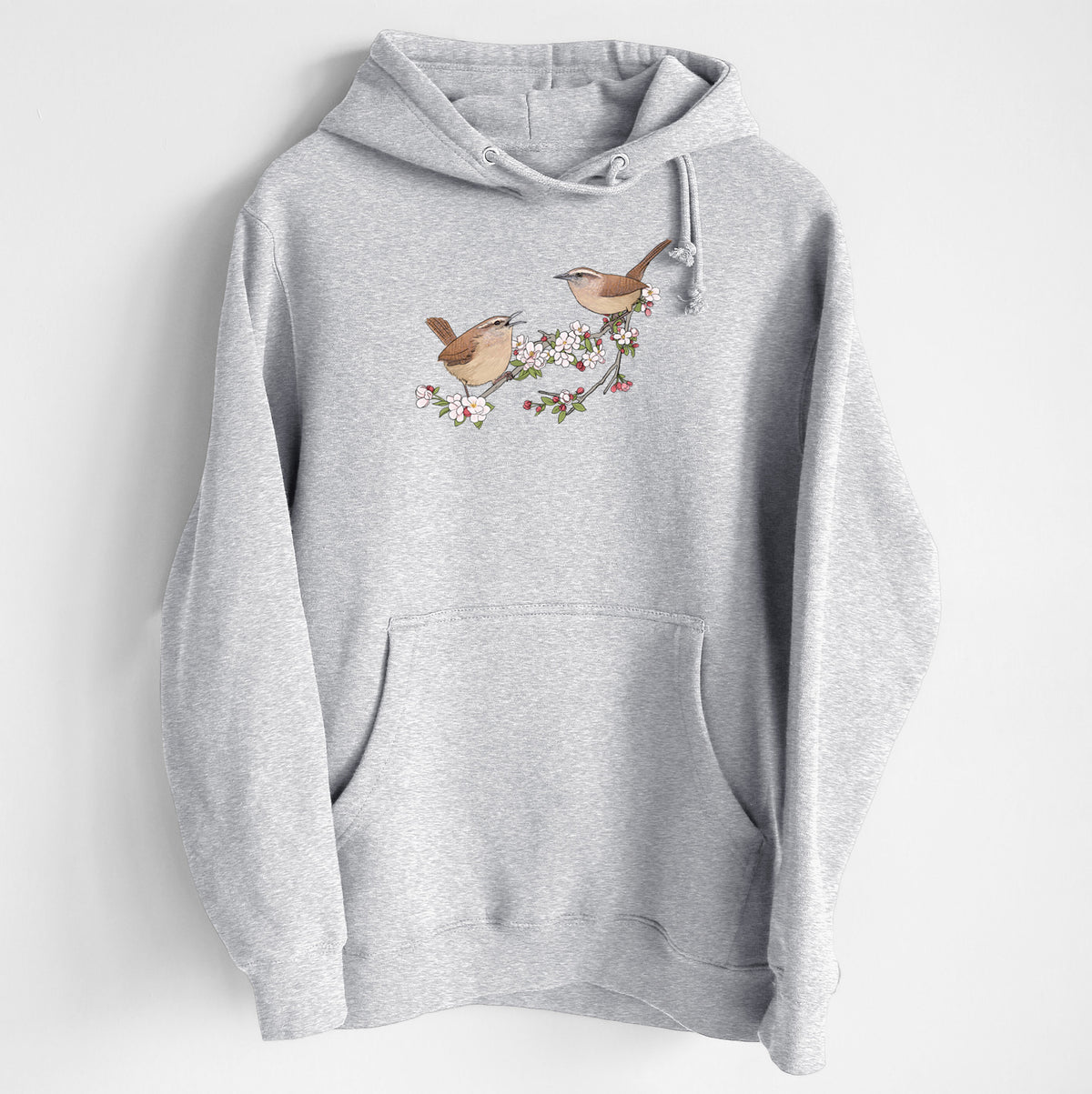 Spring Carolina Wrens on a Blooming Crabtree Branch - Heavyweight Fleece Hoodie