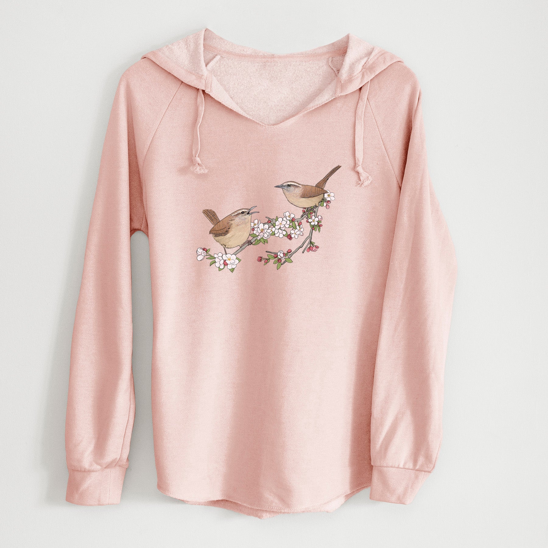 Spring Carolina Wrens on a Blooming Crabtree Branch - Cali Wave Hooded Sweatshirt