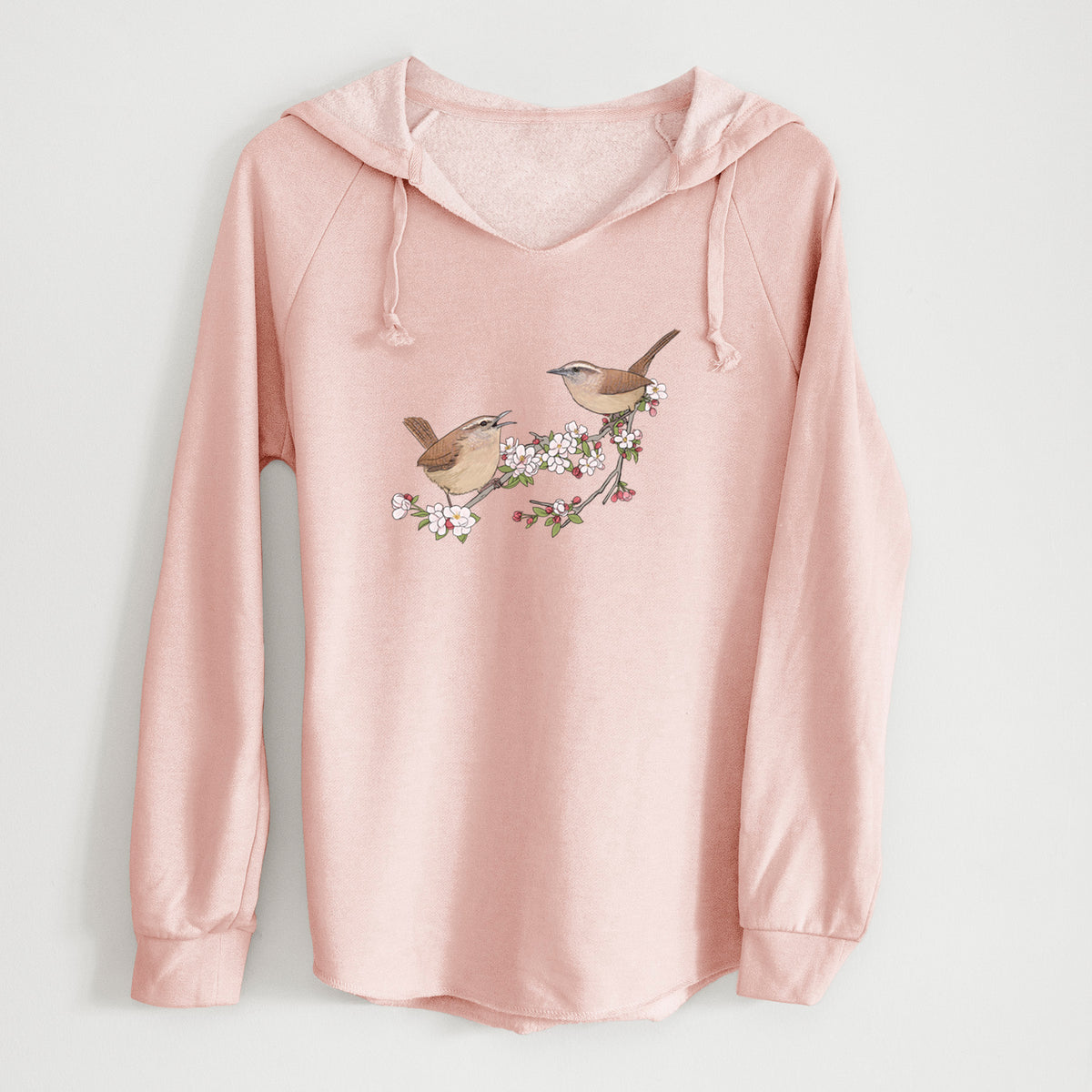 Spring Carolina Wrens on a Blooming Crabtree Branch - Cali Wave Hooded Sweatshirt