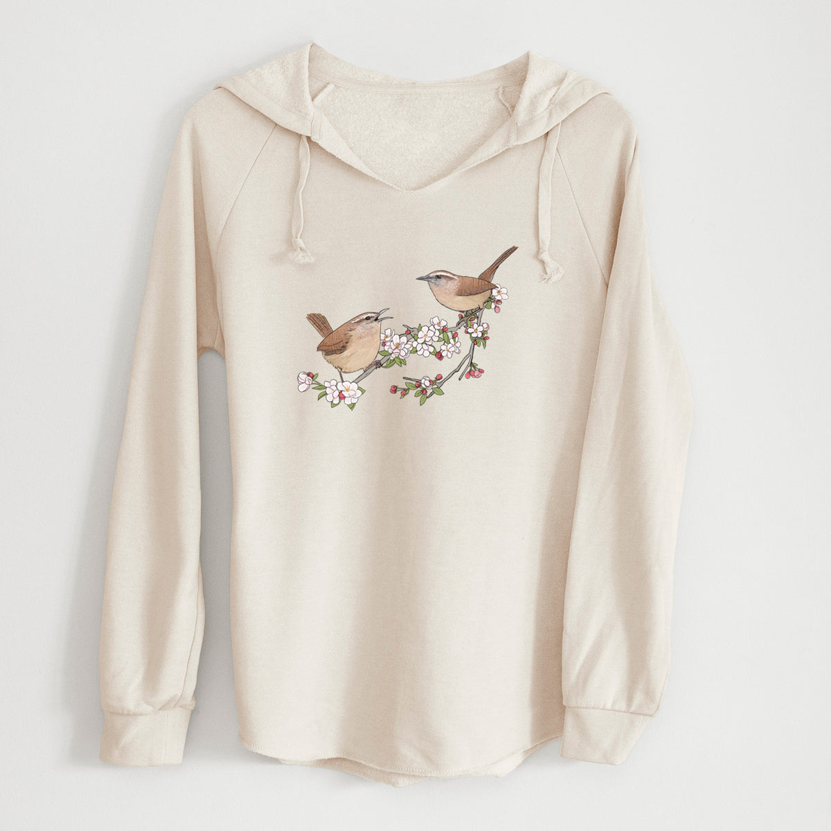 Spring Carolina Wrens on a Blooming Crabtree Branch - Cali Wave Hooded Sweatshirt