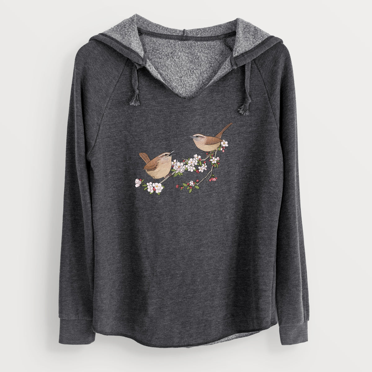Spring Carolina Wrens on a Blooming Crabtree Branch - Cali Wave Hooded Sweatshirt