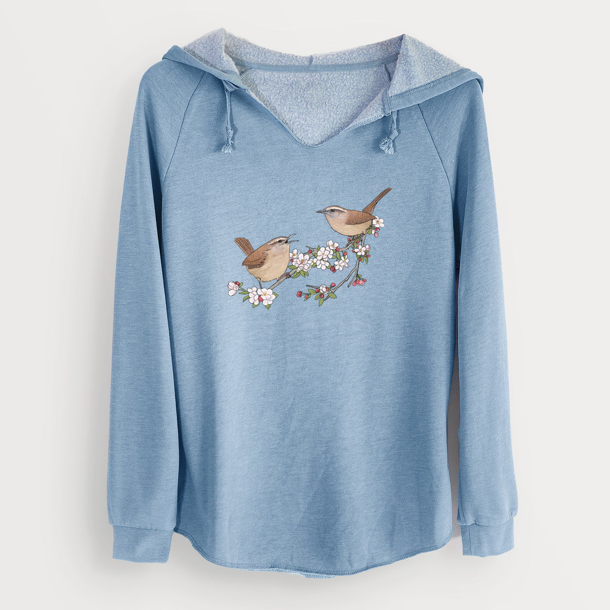 Spring Carolina Wrens on a Blooming Crabtree Branch - Cali Wave Hooded Sweatshirt