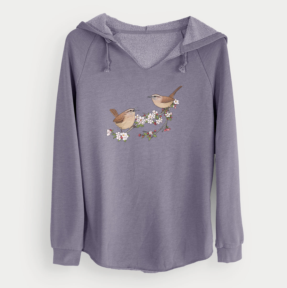 Spring Carolina Wrens on a Blooming Crabtree Branch - Cali Wave Hooded Sweatshirt