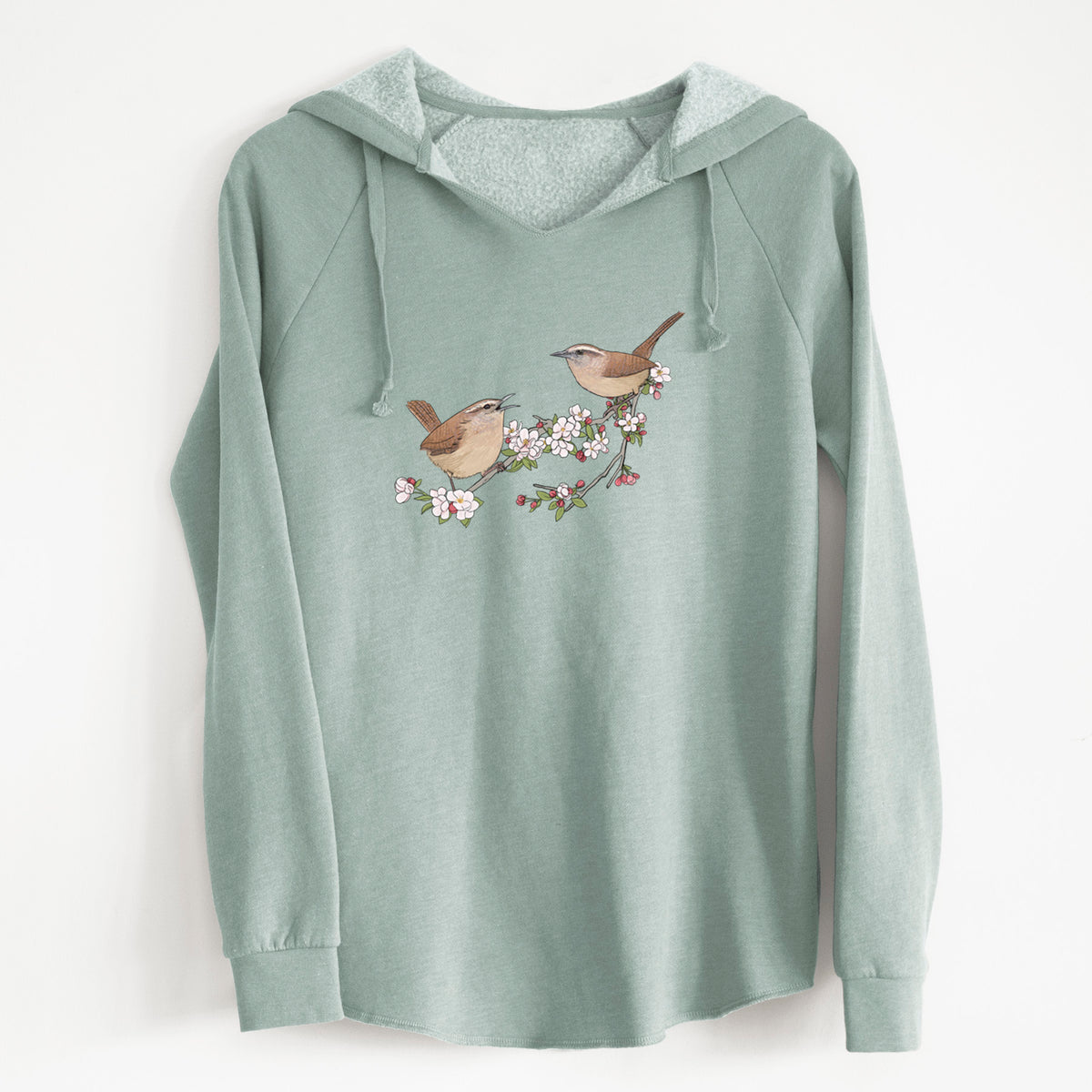Spring Carolina Wrens on a Blooming Crabtree Branch - Cali Wave Hooded Sweatshirt