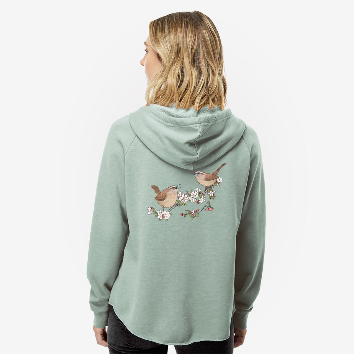 Spring Carolina Wrens on a Blooming Crabtree Branch - Women's Cali Wave Zip-Up Sweatshirt