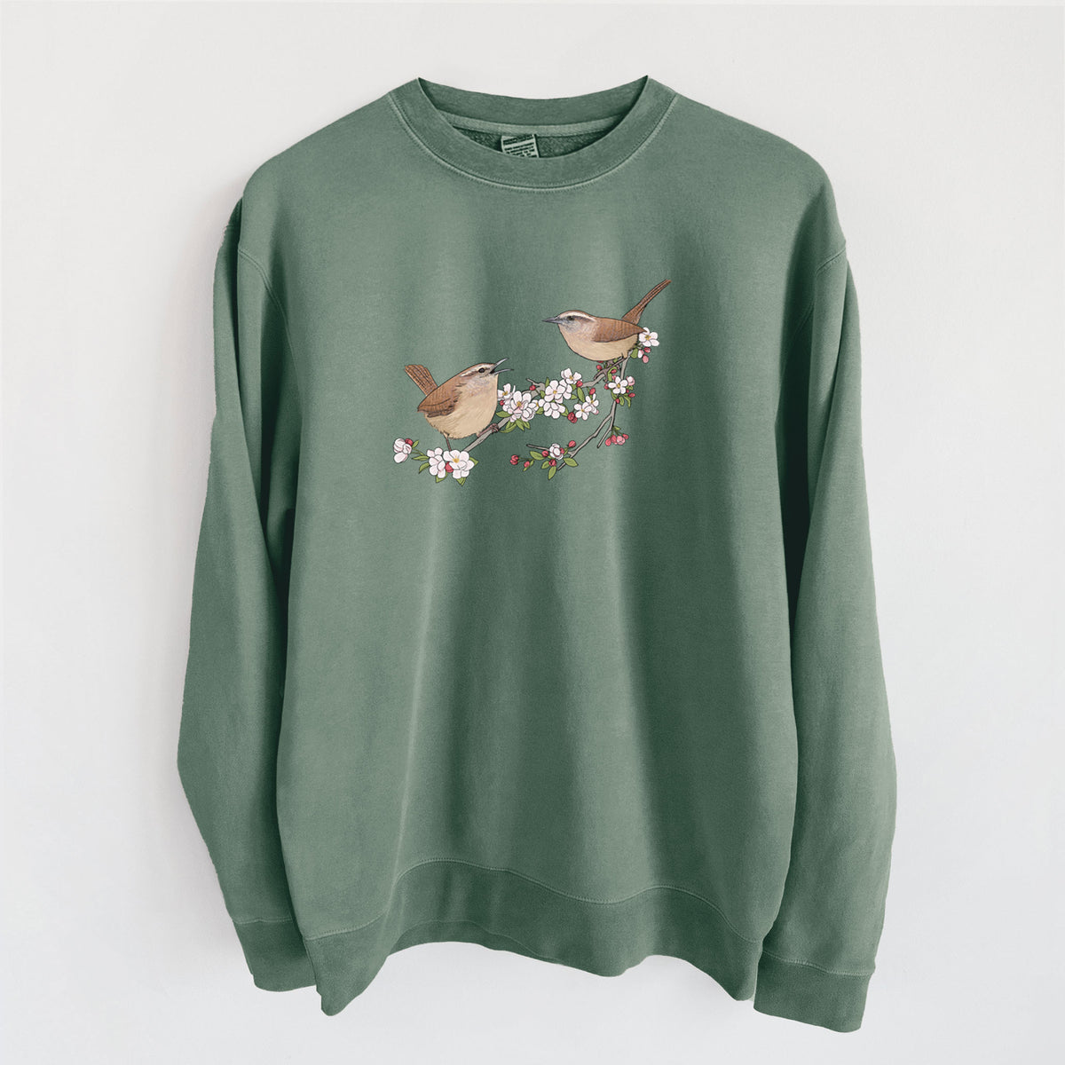 Spring Carolina Wrens on a Blooming Crabtree Branch - Unisex Pigment Dyed Crew Sweatshirt
