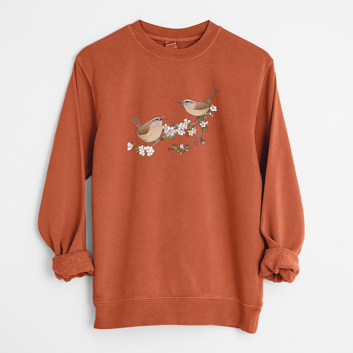 Spring Carolina Wrens on a Blooming Crabtree Branch - Unisex Pigment Dyed Crew Sweatshirt