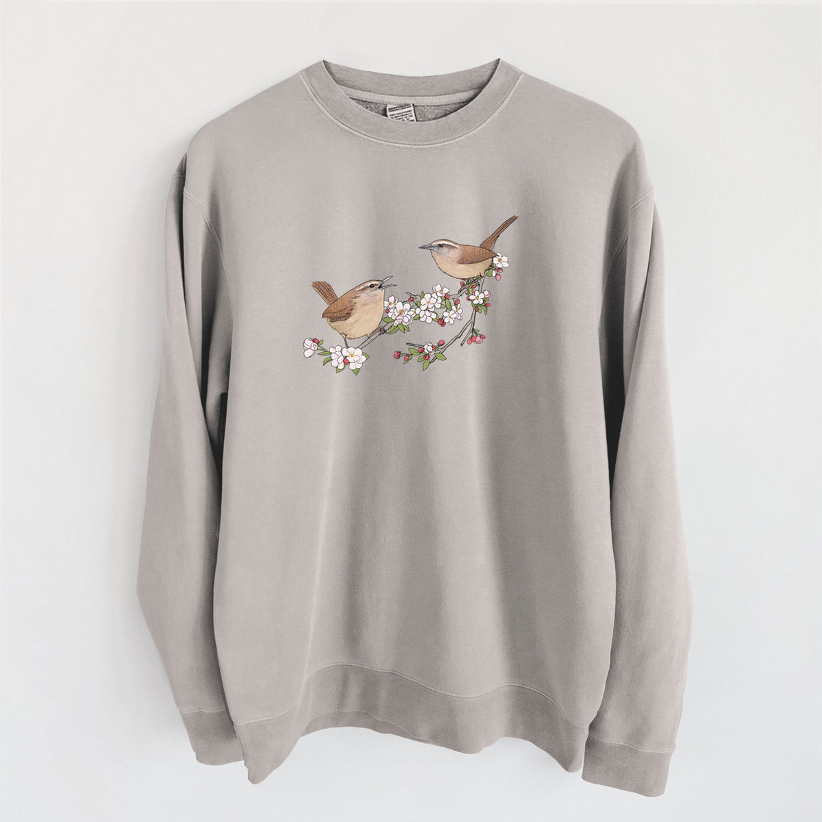 Spring Carolina Wrens on a Blooming Crabtree Branch - Unisex Pigment Dyed Crew Sweatshirt