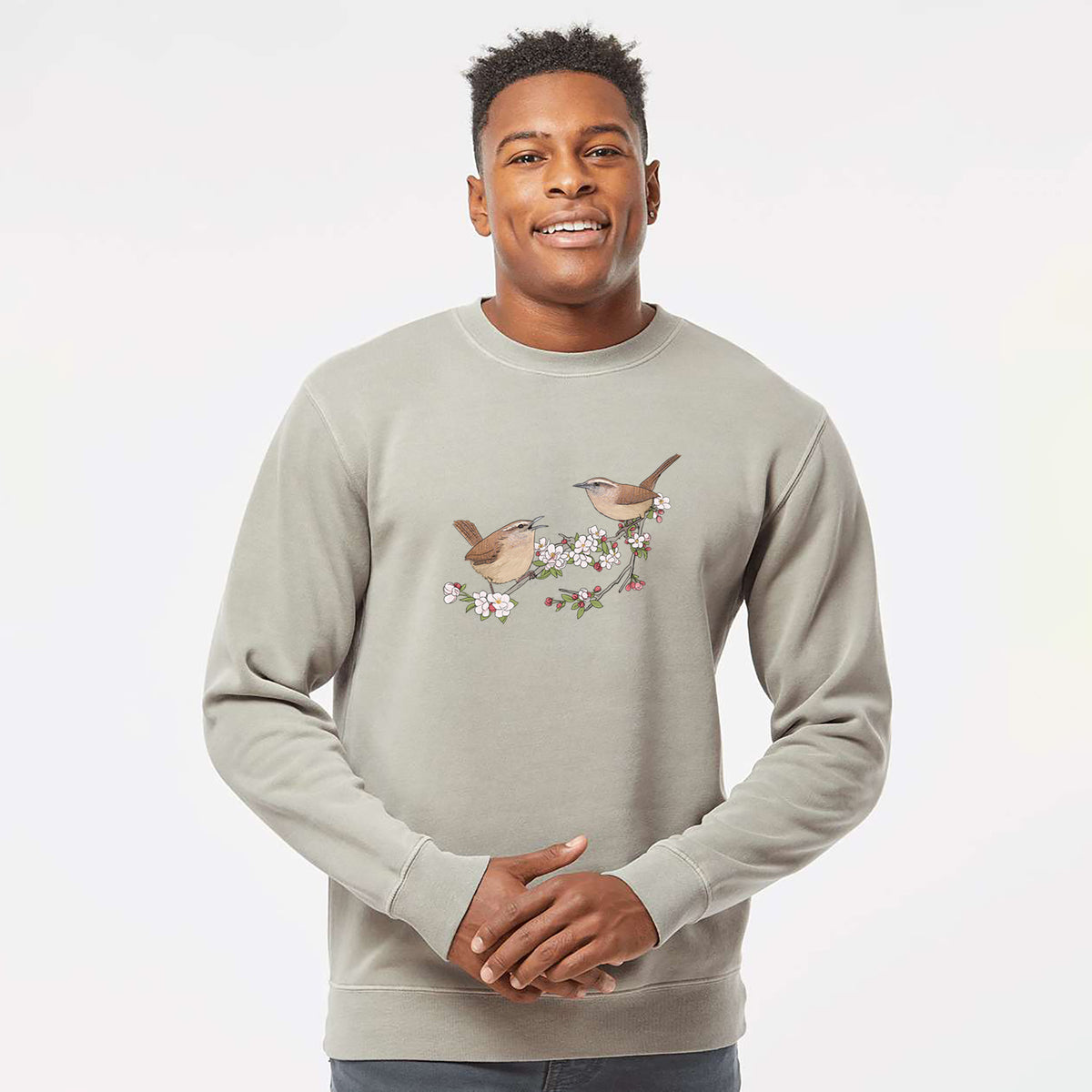 Spring Carolina Wrens on a Blooming Crabtree Branch - Unisex Pigment Dyed Crew Sweatshirt